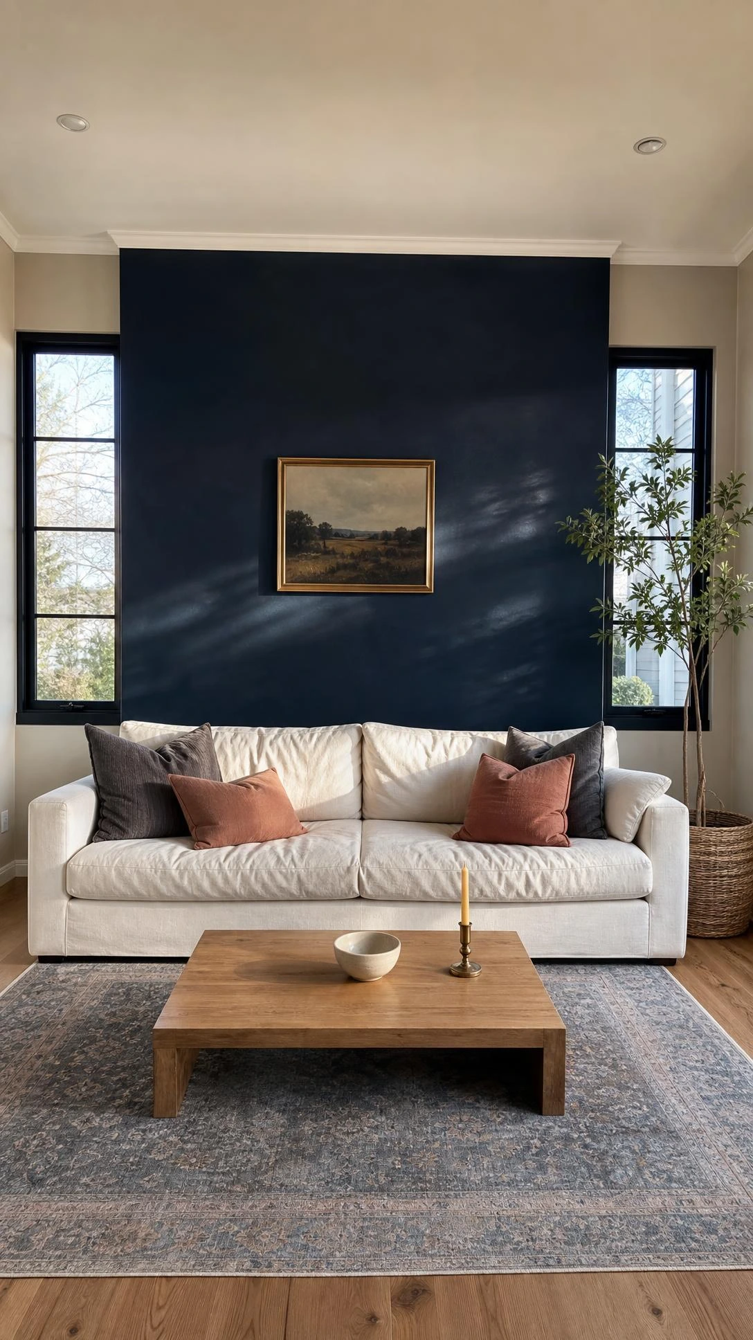 Deep midnight navy blue matte accent wall behind a linen sofa, showing how budget DIY wall paint transforms a transitional living room into a dramatic space