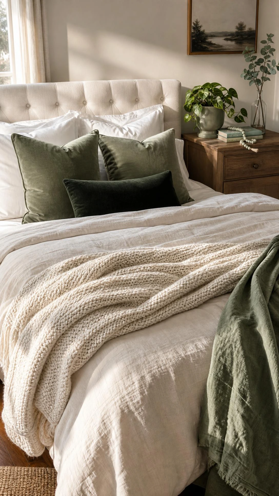 Neutral ivory linen bed styled with sage green velvet pillows and a forest green lumbar pillow for a calming green aesthetic bedroom