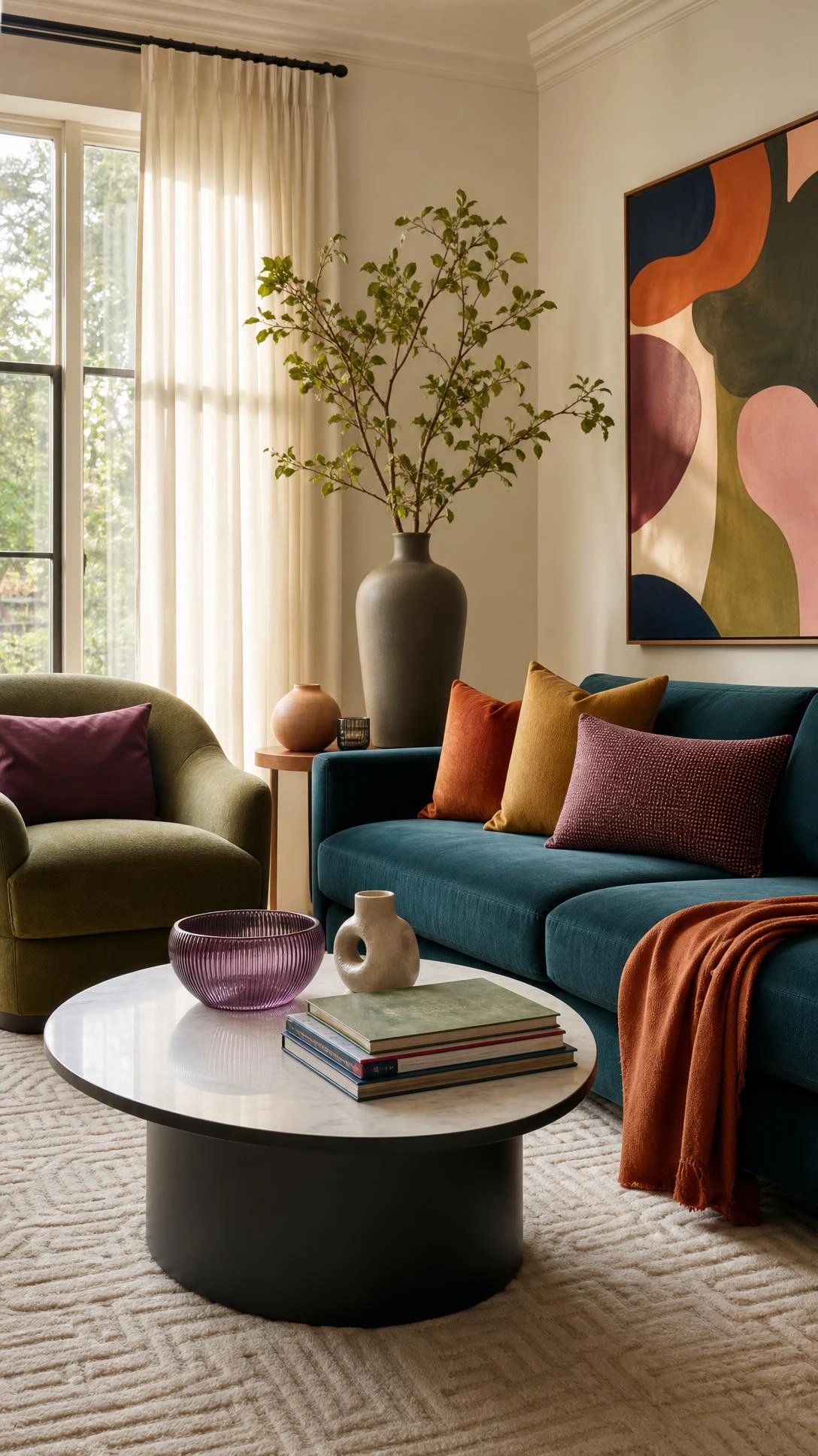 Home inspiration living room with a deep teal sofa, rust and ochre pillows, and a sleek accent chair showcasing a bold non-beige palette.