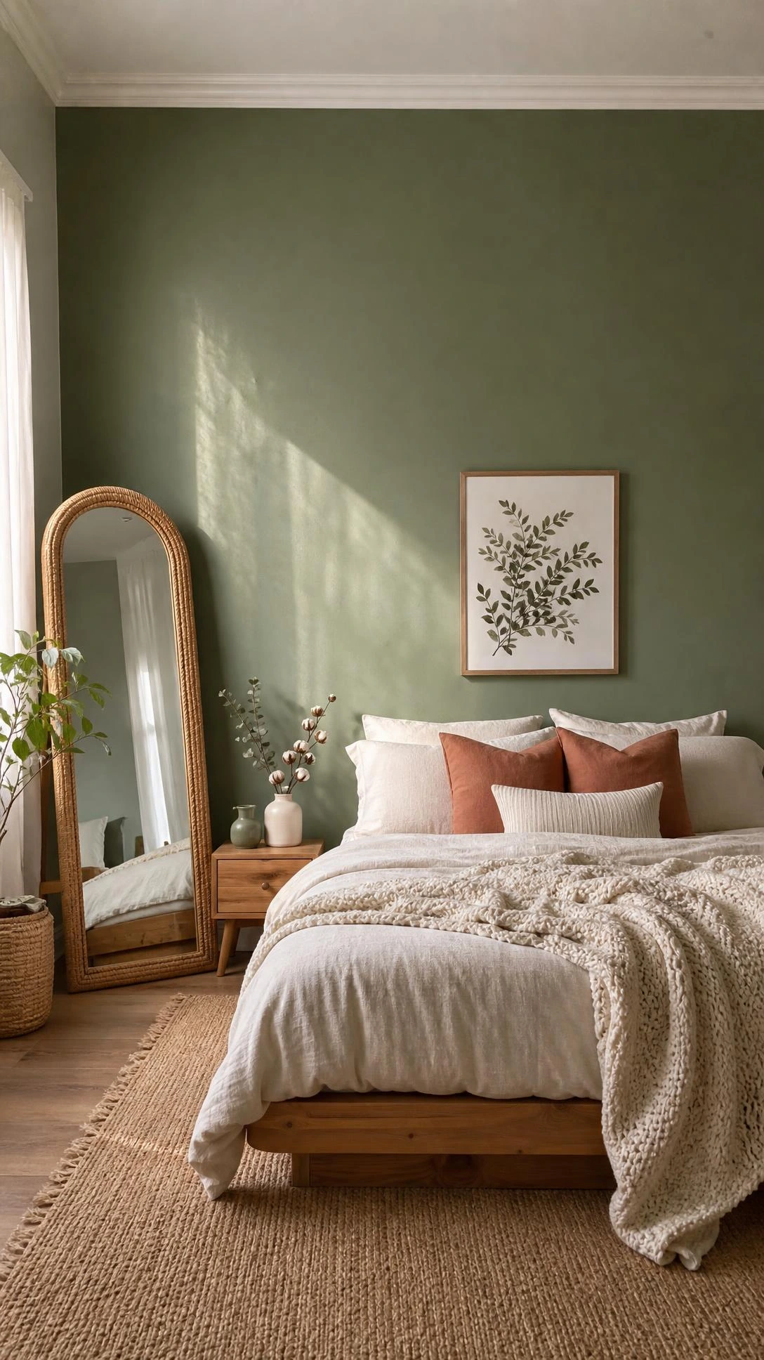 Sage green accent wall in a real bedroom with a low platform bed dressed in cream linen and a chunky knit throw