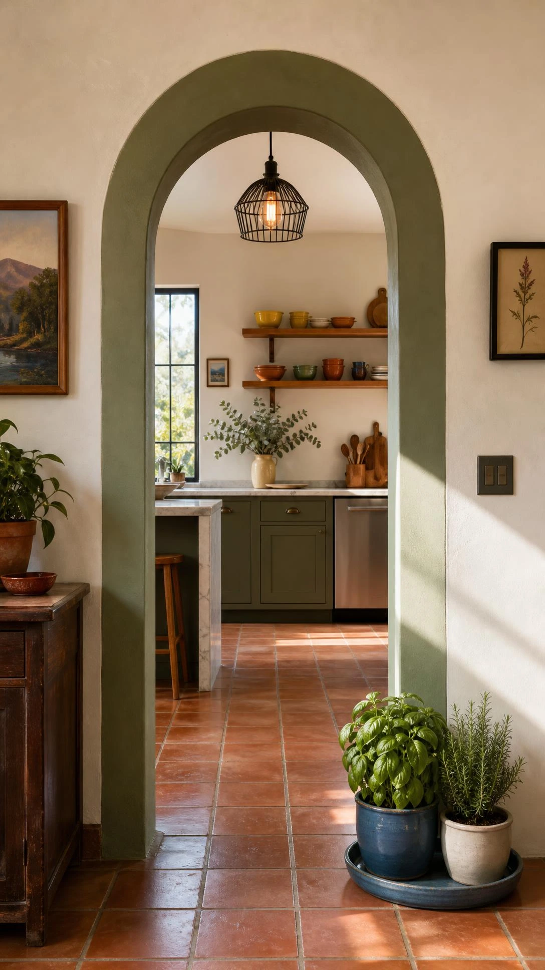 Wide archway-style open kitchen entrance with smooth plaster edges painted in warm tones, showing seamless hallway-to-kitchen transition without a door