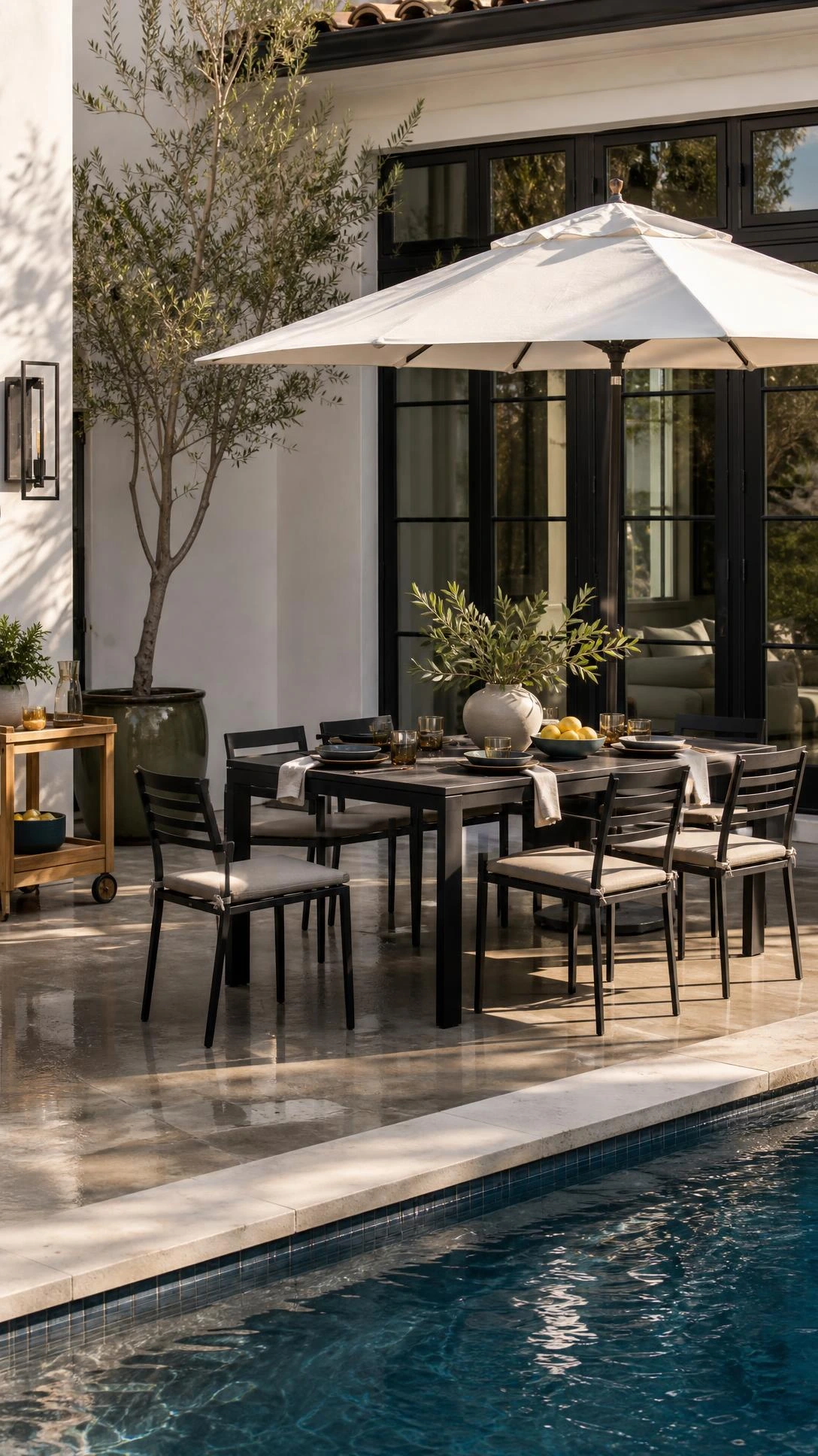 Modern backyard patio designs with pool featuring a matte black dining table and six taupe chairs set directly beside the pool patio.