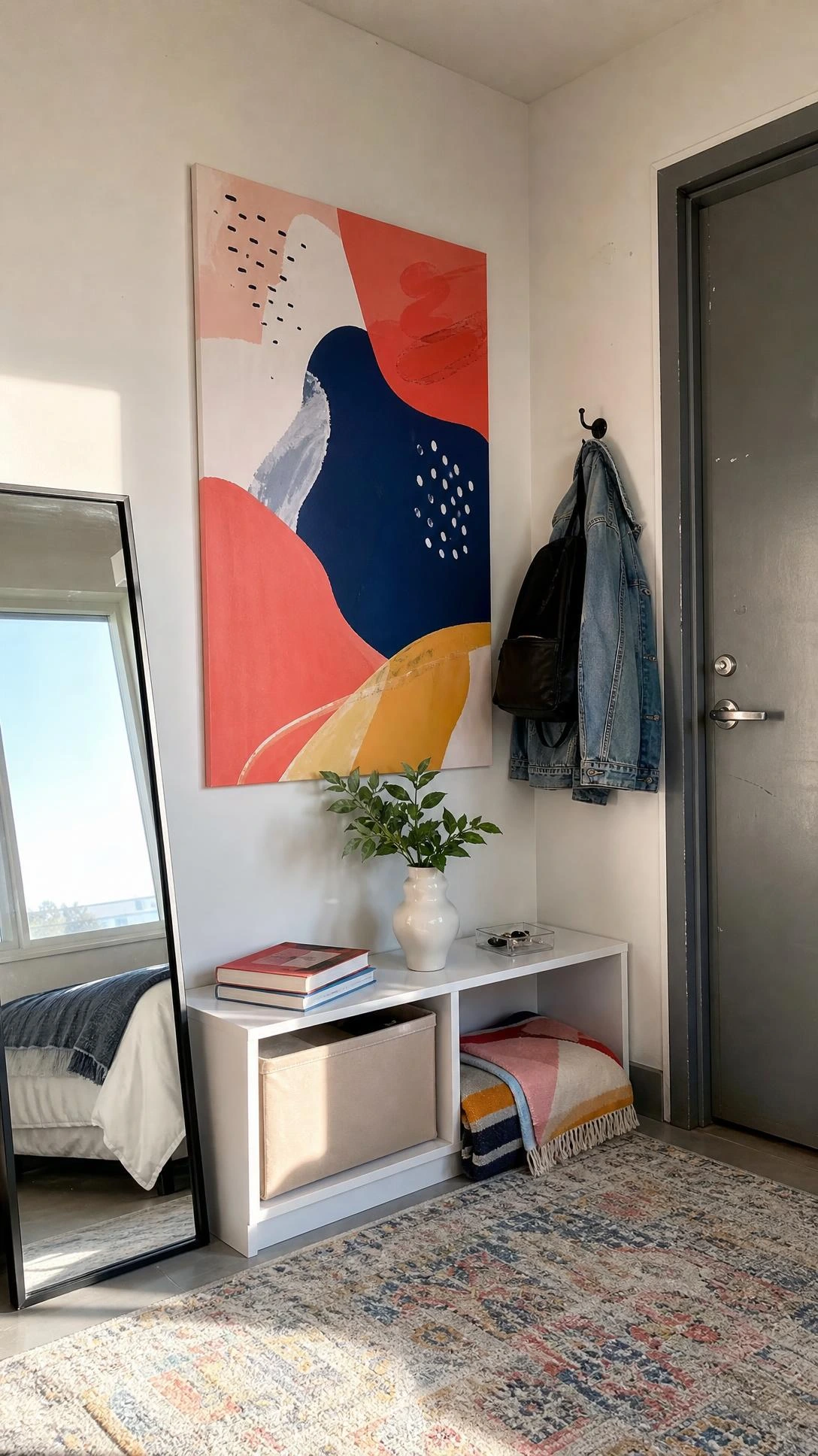Oversized abstract poster near a dorm entrance adds instant wall decor impact with coral, cobalt, mustard, and blush shapes in a budget-friendly student space.
