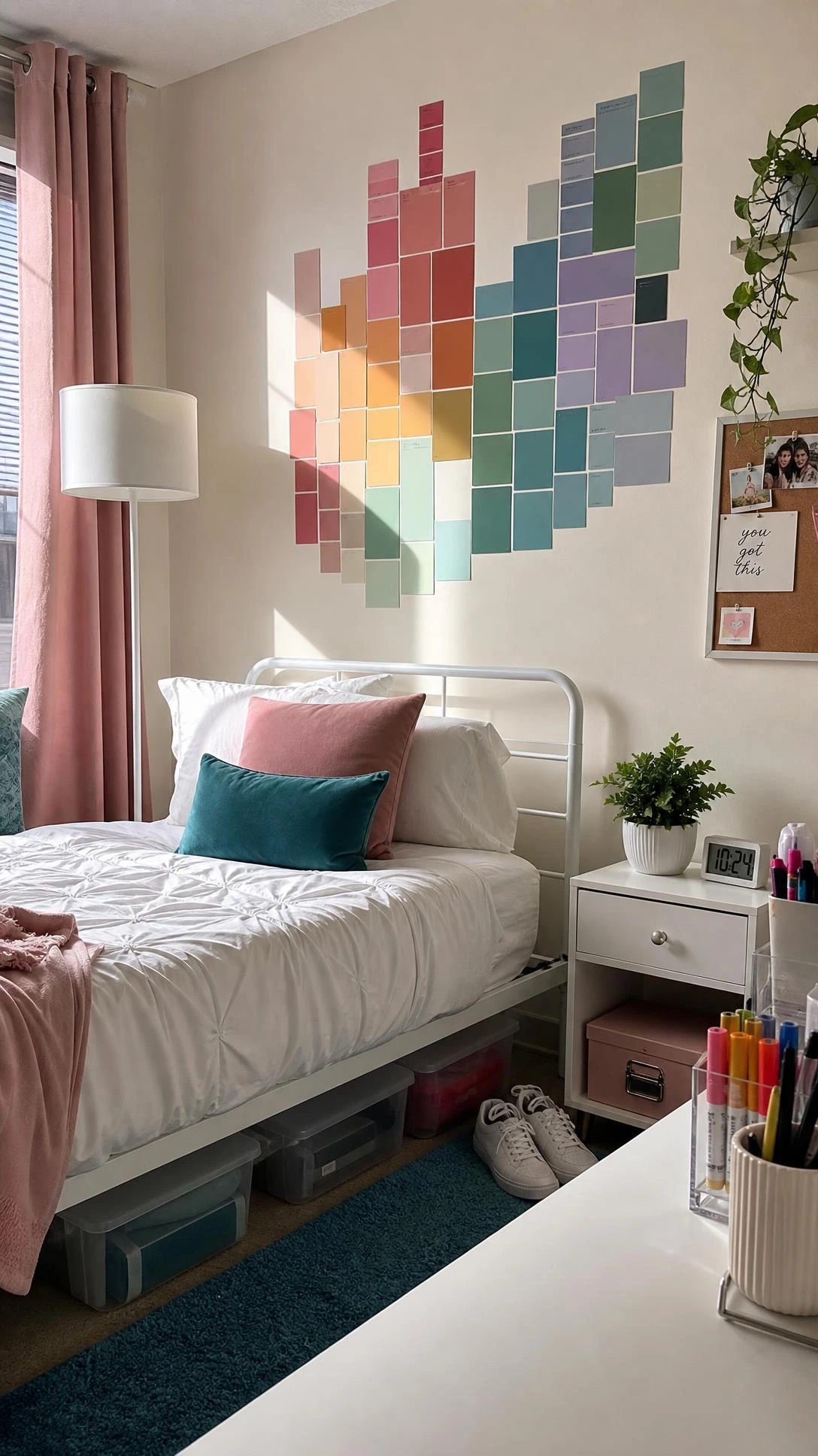DIY paint chip wall art arranged in a colorful geometric collage above a twin bed, a budget-friendly dorm room wall decor idea.