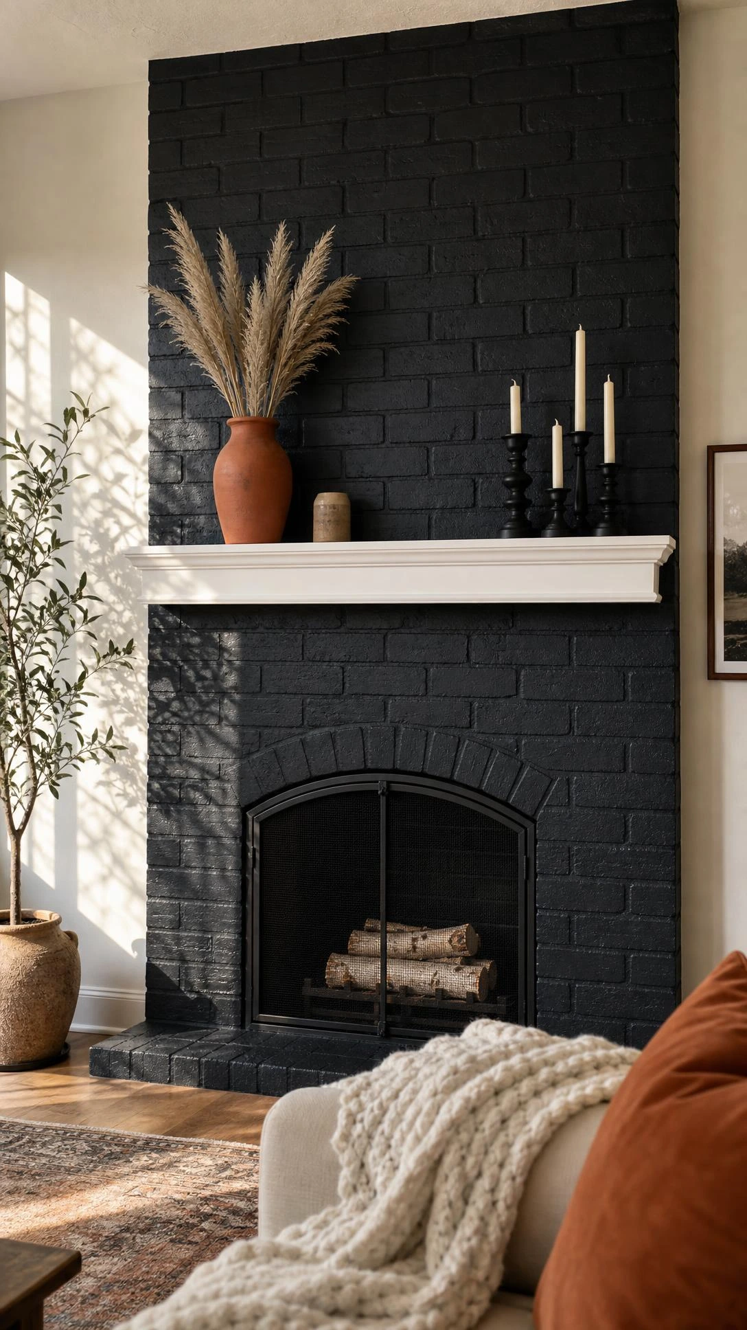Charcoal-painted brick fireplace extending floor to ceiling in a lived-in living room, showcasing matte black texture with visible brushstrokes and tactile depth