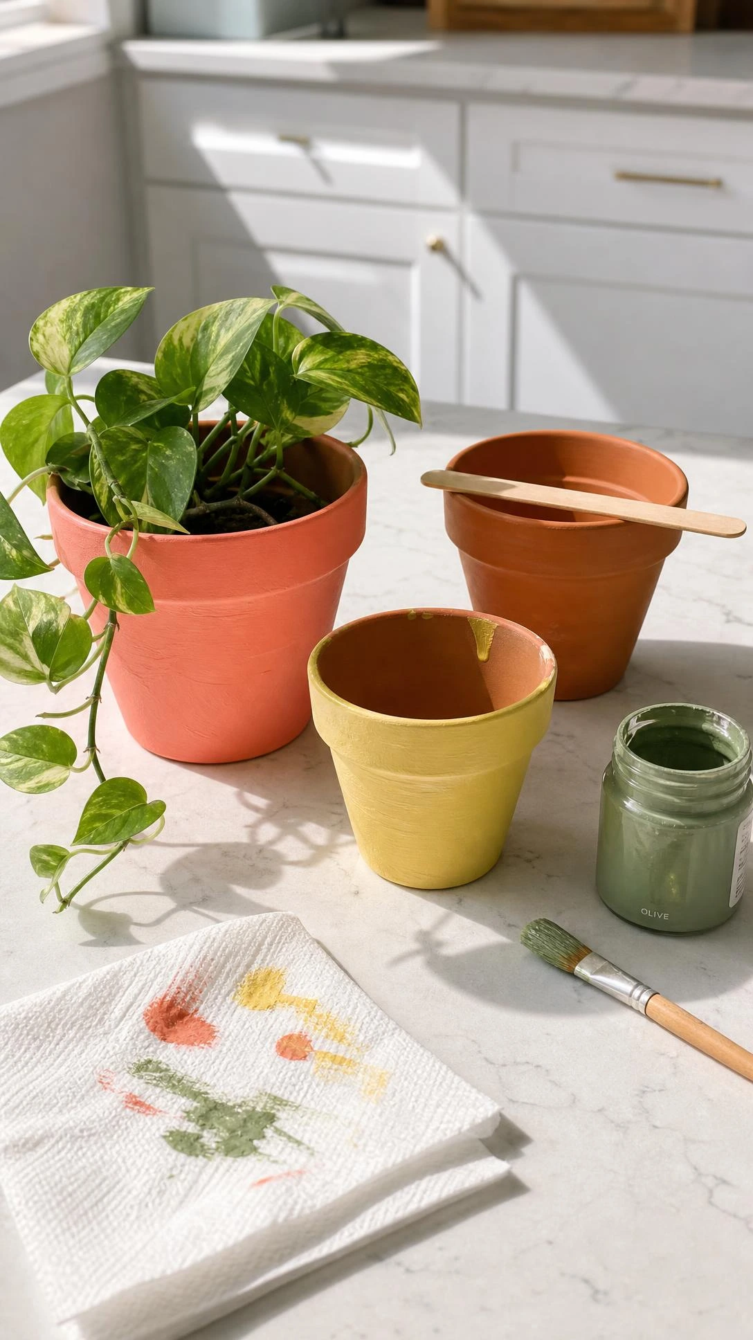 Three hand-painted terracotta pots in coral, sage green, and lemon yellow arranged on a white kitchen counter, showing textured brushstrokes and intentional imperfection that make budget DIY decor feel personal