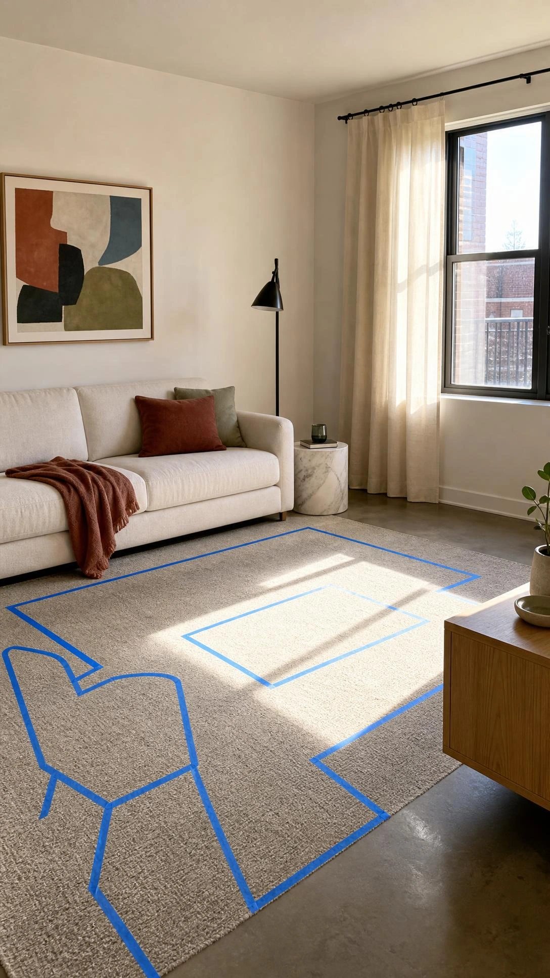Modern Home Inspiration Living Room with blue painter’s tape outlining sofa, coffee table, chair, and media console on a neutral rug.