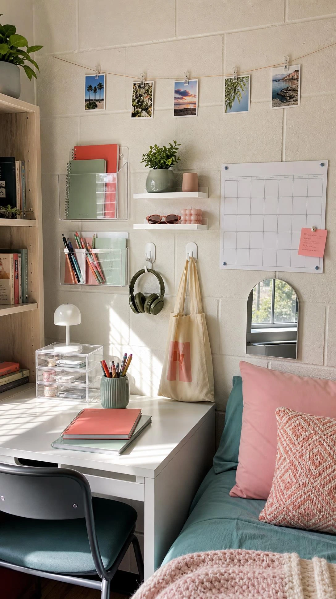 Peel-and-stick functional wall decor turns a compact dorm desk into organized storage with acrylic pockets, mini shelves, hooks, planner, and mirror.