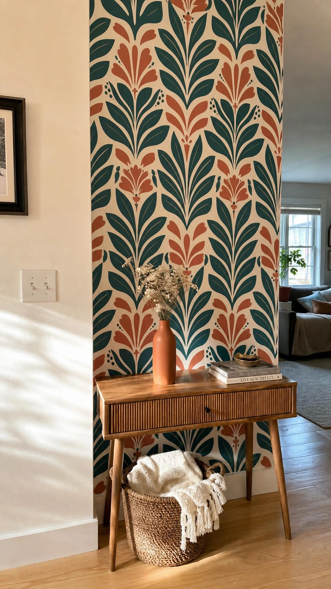 Peel and stick wallpaper in teal, terracotta, and white geometric pattern covering a budget accent wall behind a wooden side table in a lived-in home
