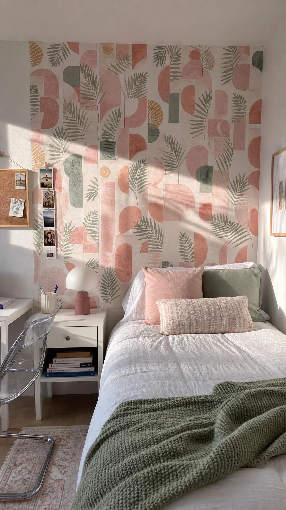 Peel-and-stick wallpaper creates a renter-friendly dorm room accent wall behind a twin XL bed with white bedding and blush, sage, and lumbar pillows.