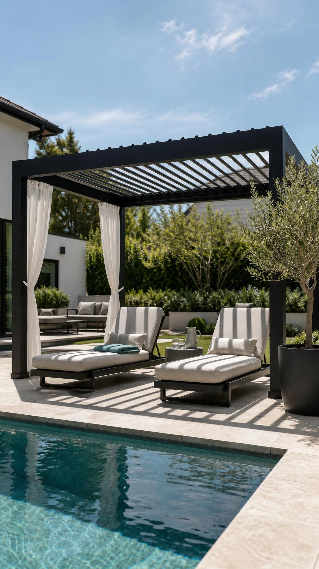 Modern backyard patio designs with pool featuring a centered pergola over pale stone pool decking, casting striped shade beside a rectangular pool.