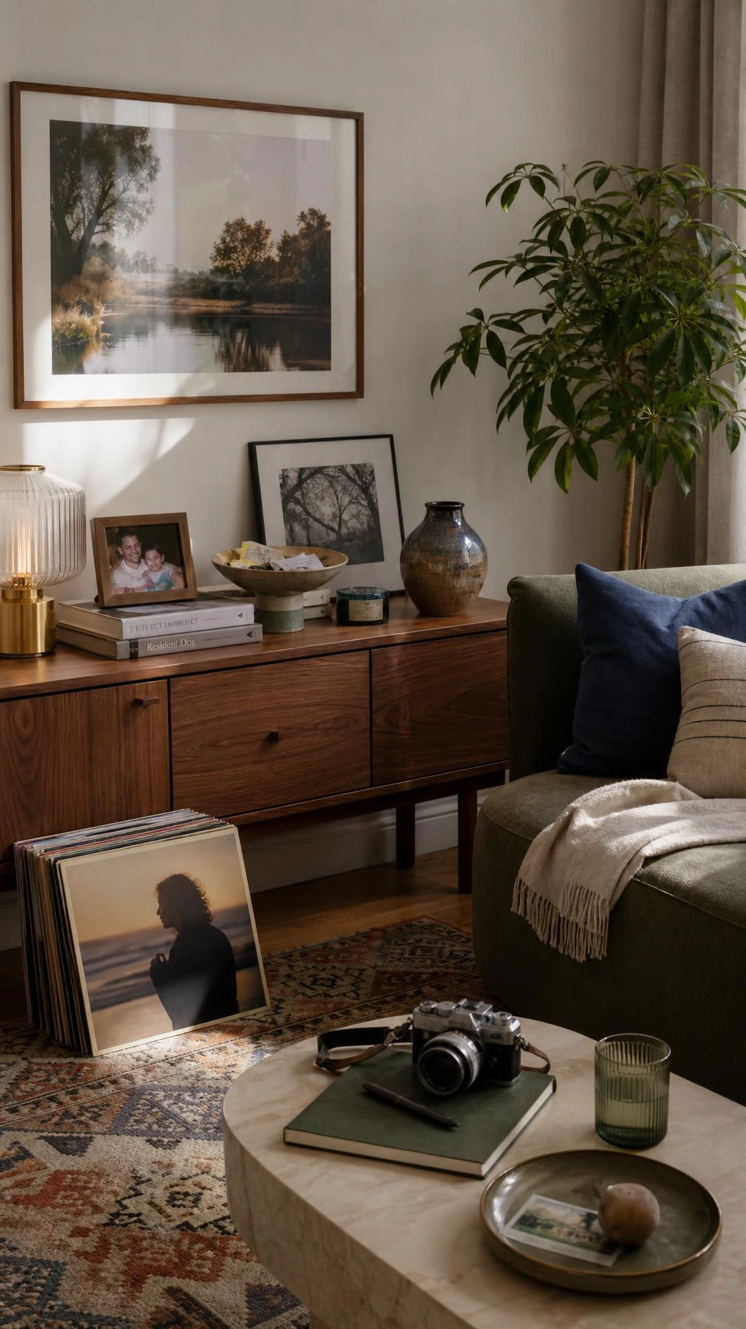 Home Inspiration Living Room idea showing a console and coffee table styled with books, family photos, and a ceramic bowl of travel keepsakes.