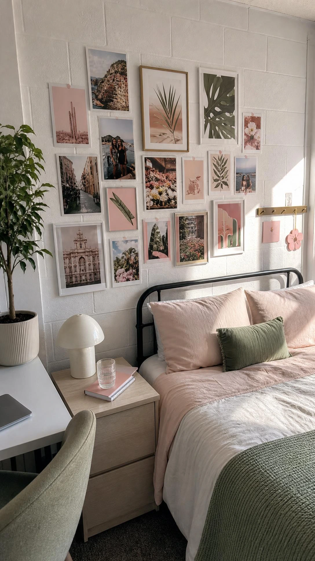 Photo wall collage with matching prints above a twin XL bed on a white cinderblock wall, a simple dorm room wall decor idea for student spaces.