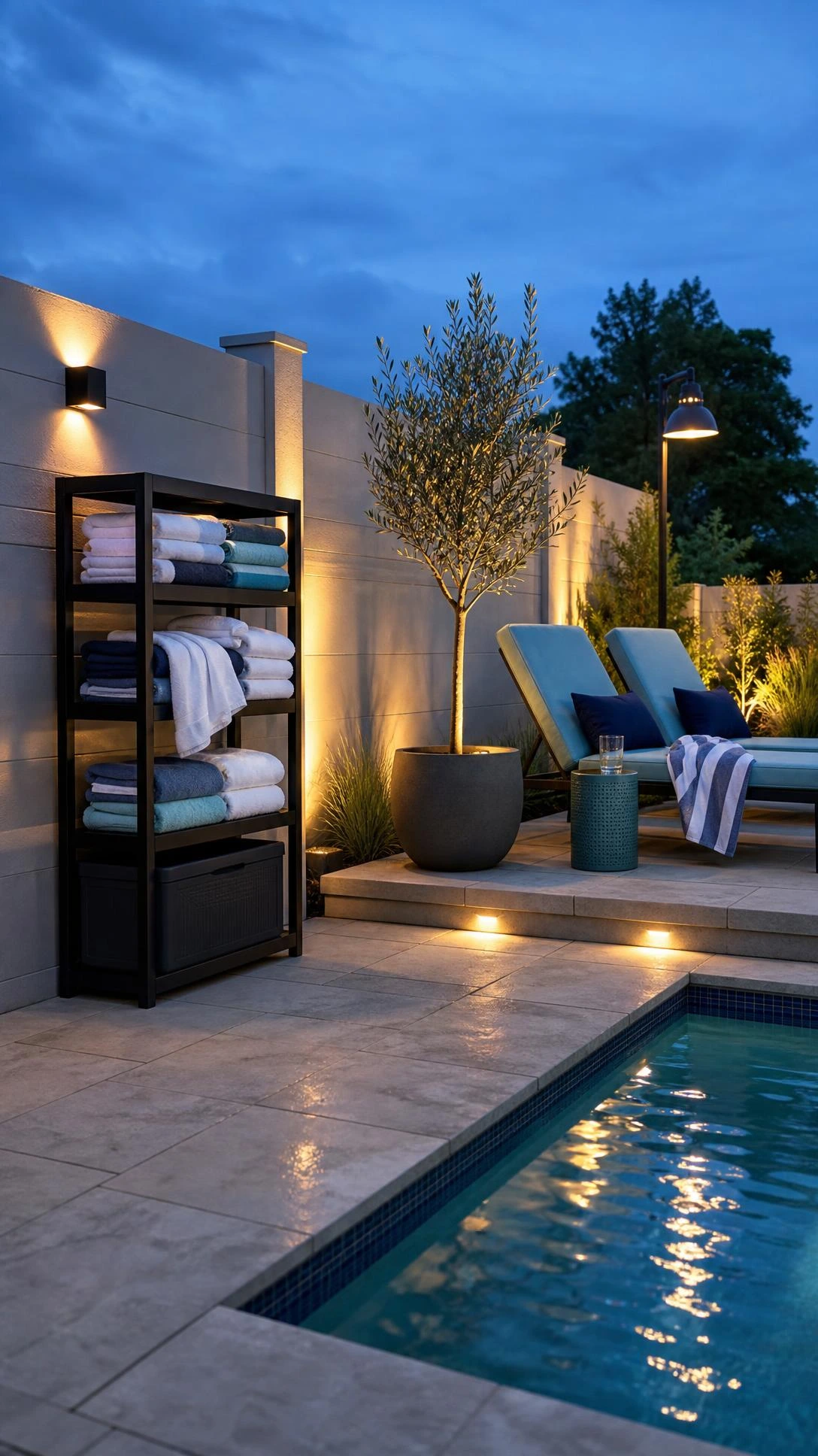 Backyard patio designs with pool featuring blue hour path lights, a clean rectangular pool, pale stone pavers, and neatly stored towels.