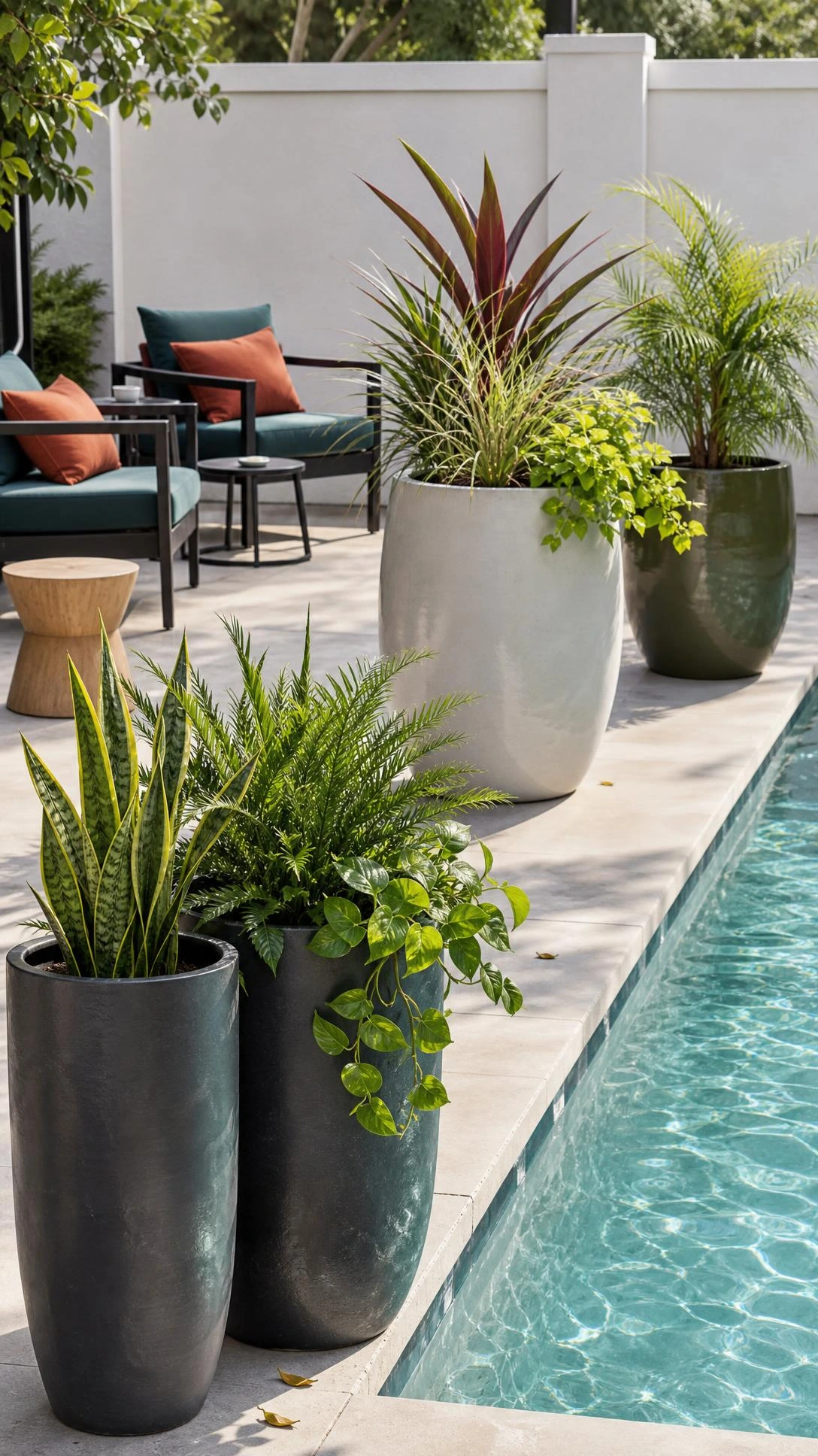 Large charcoal, white, and olive planters filled with lush greenery anchor a modern backyard patio designs with pool layout beside the water.