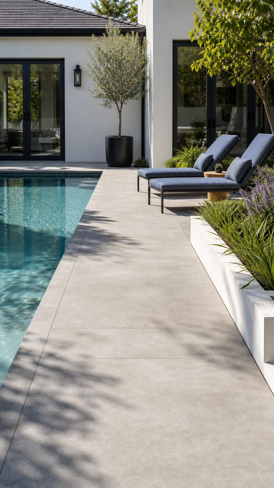 Modern backyard patio design with pool featuring a wide, uncluttered light-gray walkway beside a sleek in-ground pool.