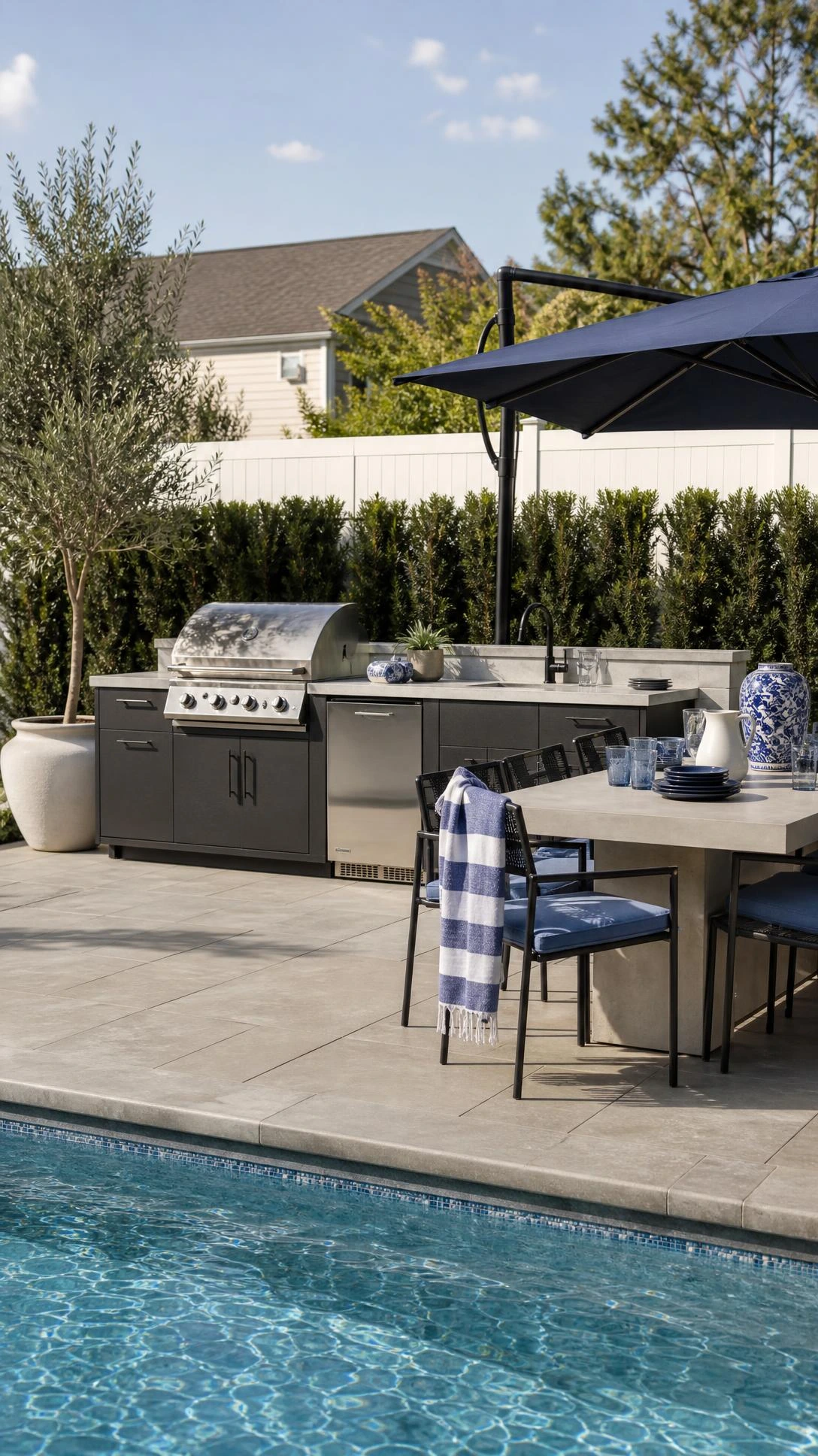 Modern backyard patio designs with pool featuring a sleek outdoor kitchen, grill station, quartz counters, and mini fridge beside the pool.
