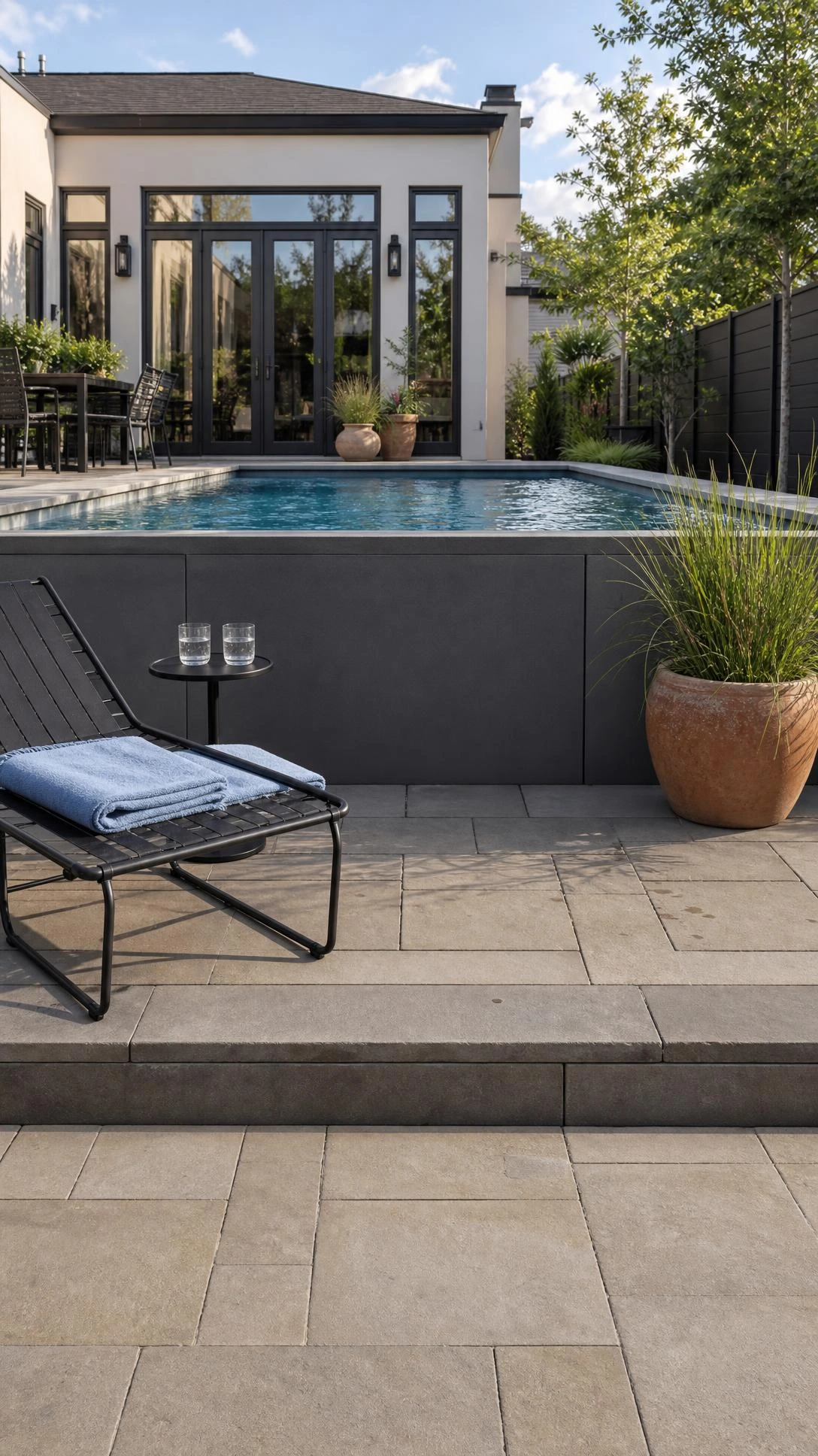 Raised pool with broad rectangular concrete pavers creating a step-up landing, a smart Backyard Patio Designs With Pool idea for small yards.