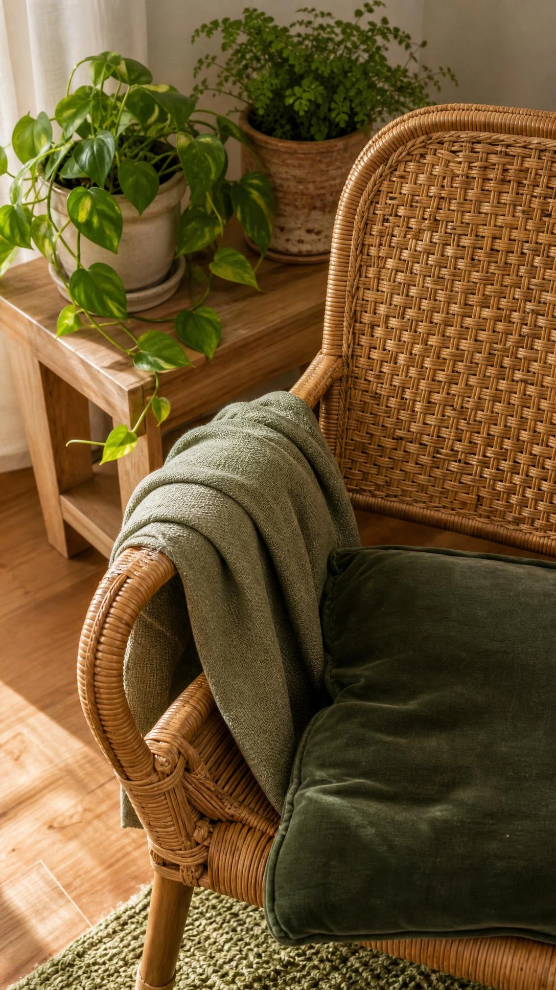 Close-up of honey-toned rattan armchair with intricate hand-woven texture, styled with a sage green linen throw in a green aesthetic bedroom corner