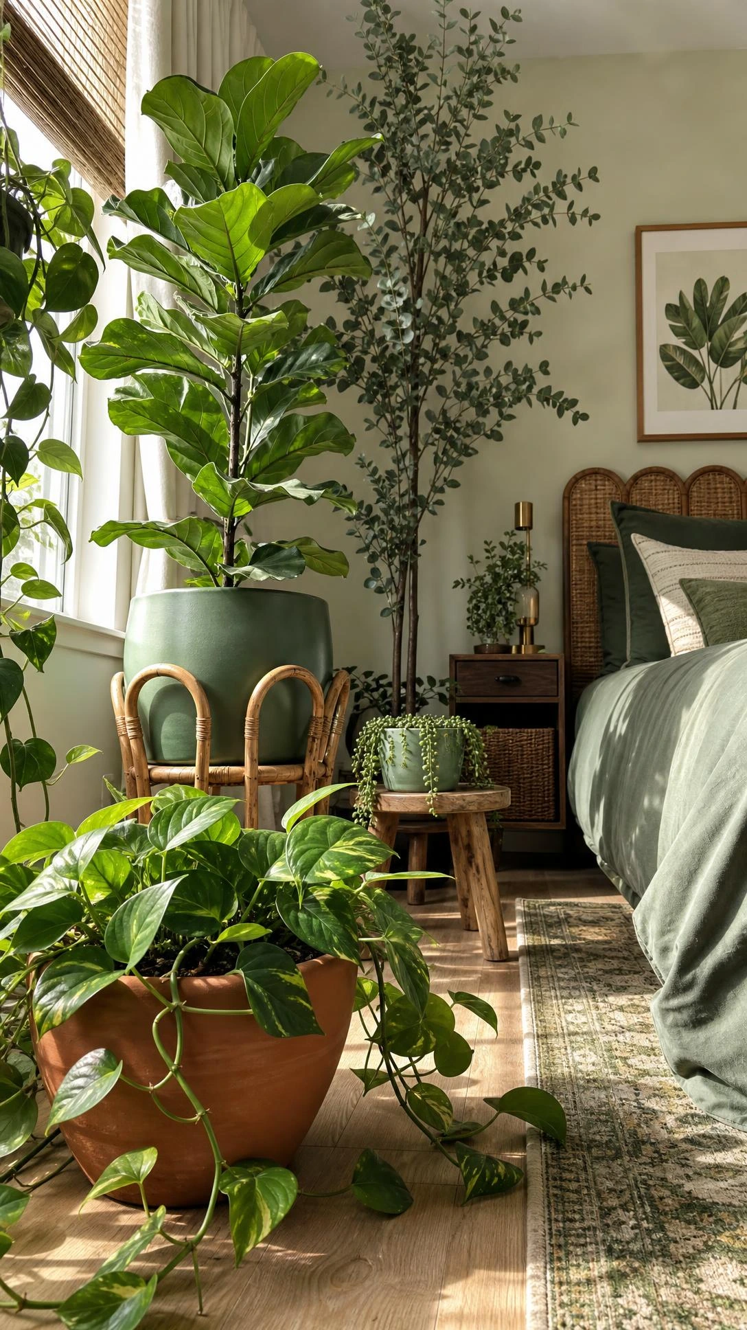 Layered indoor plant display at varying heights in a green aesthetic room, mixing real and faux plants in a lush bedroom corner