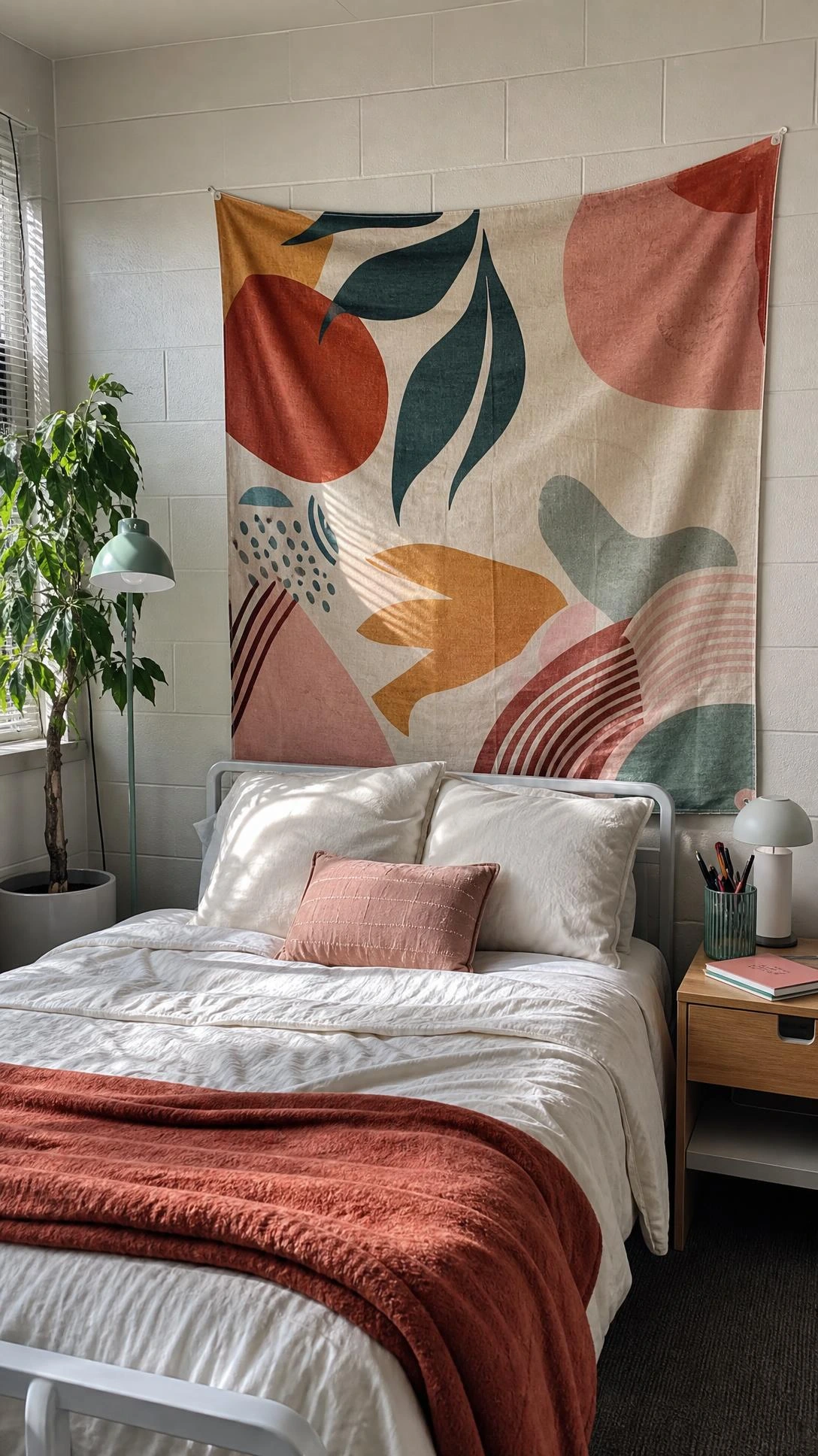 Dorm room wall decor idea featuring a renter-friendly boho tapestry hung centered above the bed in a budget college bedroom.