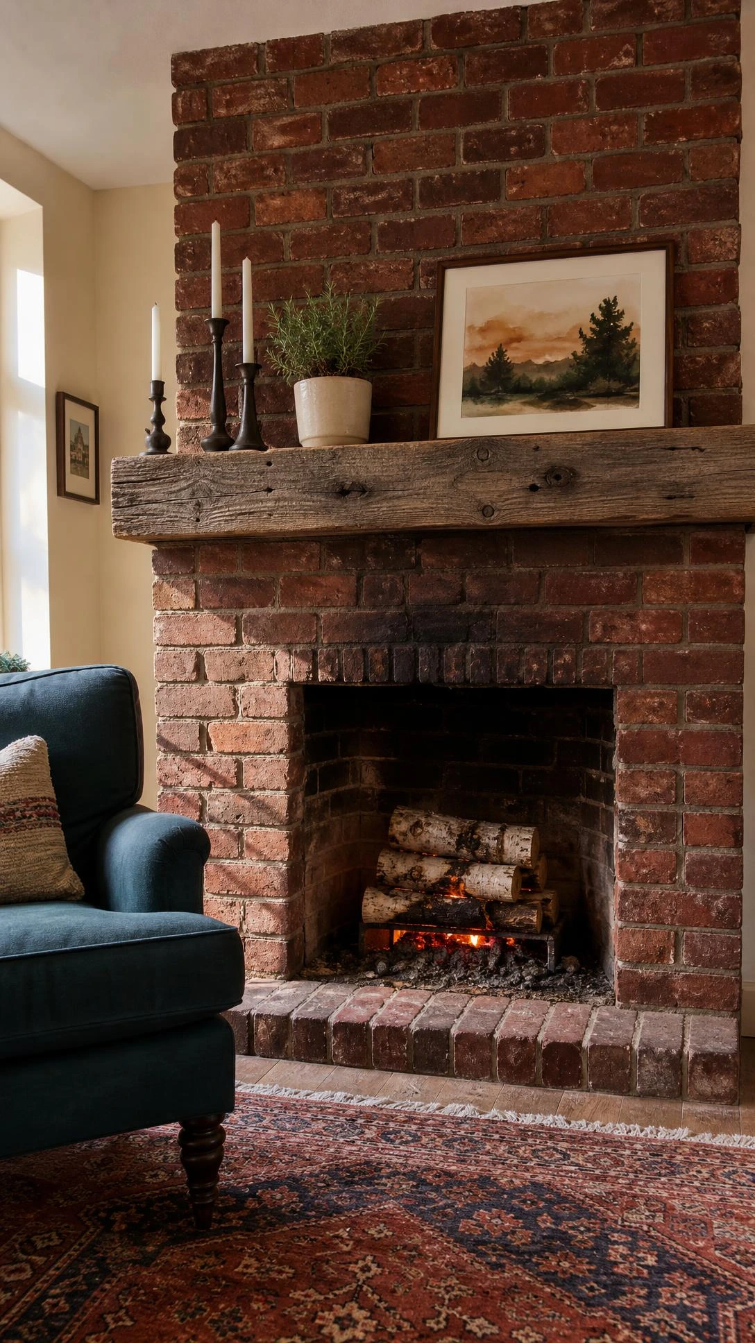 Rustic red brick fireplace with reclaimed wood mantel showing aged burgundy and terracotta tones in a warm lived-in living room