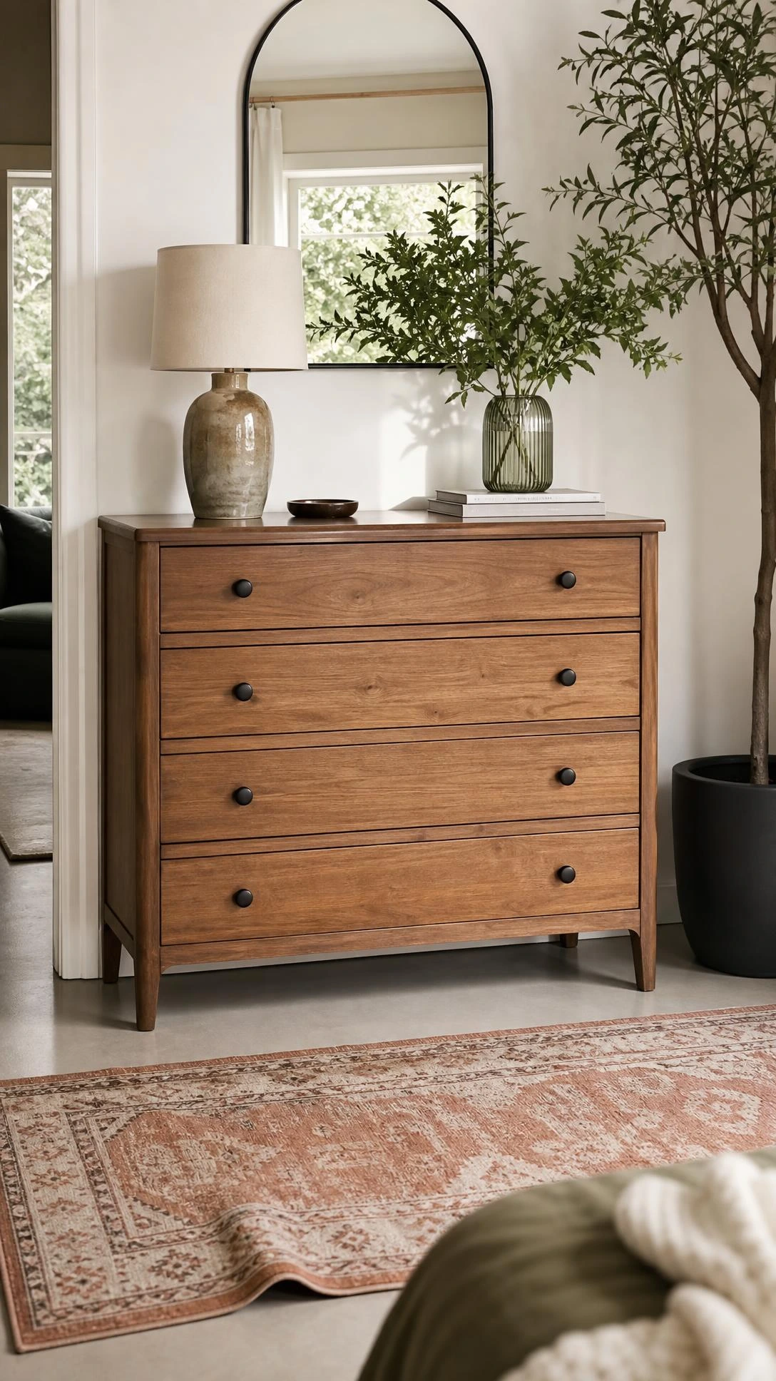 Updated vintage wood dresser in a light walnut finish anchors a cozy entryway corner, showing how secondhand wood furniture elevates home decor furniture.