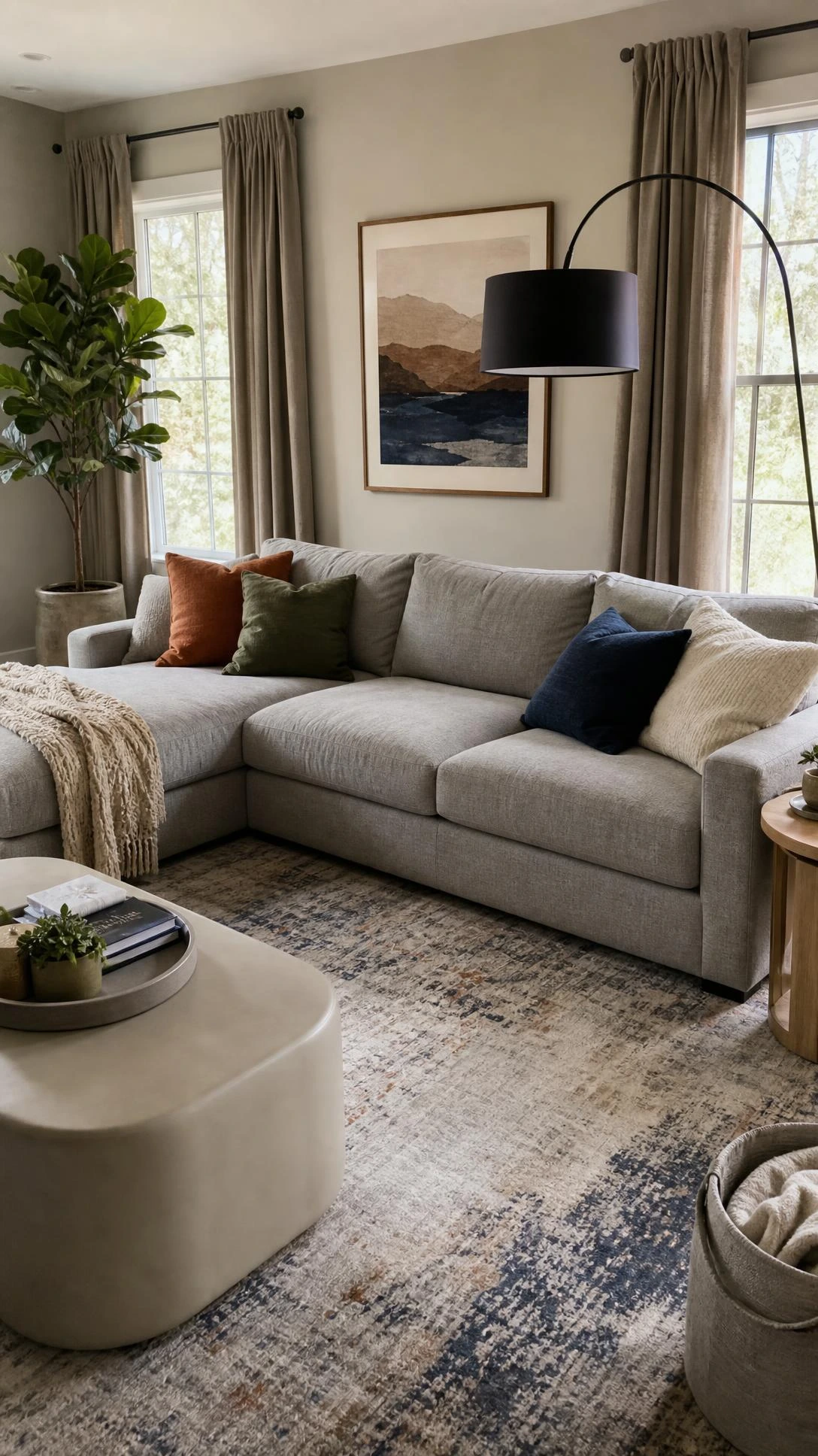 Modern sectional sofa anchors a realistic family room with an L-shaped layout, chaise, and deep gray performance-fabric cushions for everyday comfort.