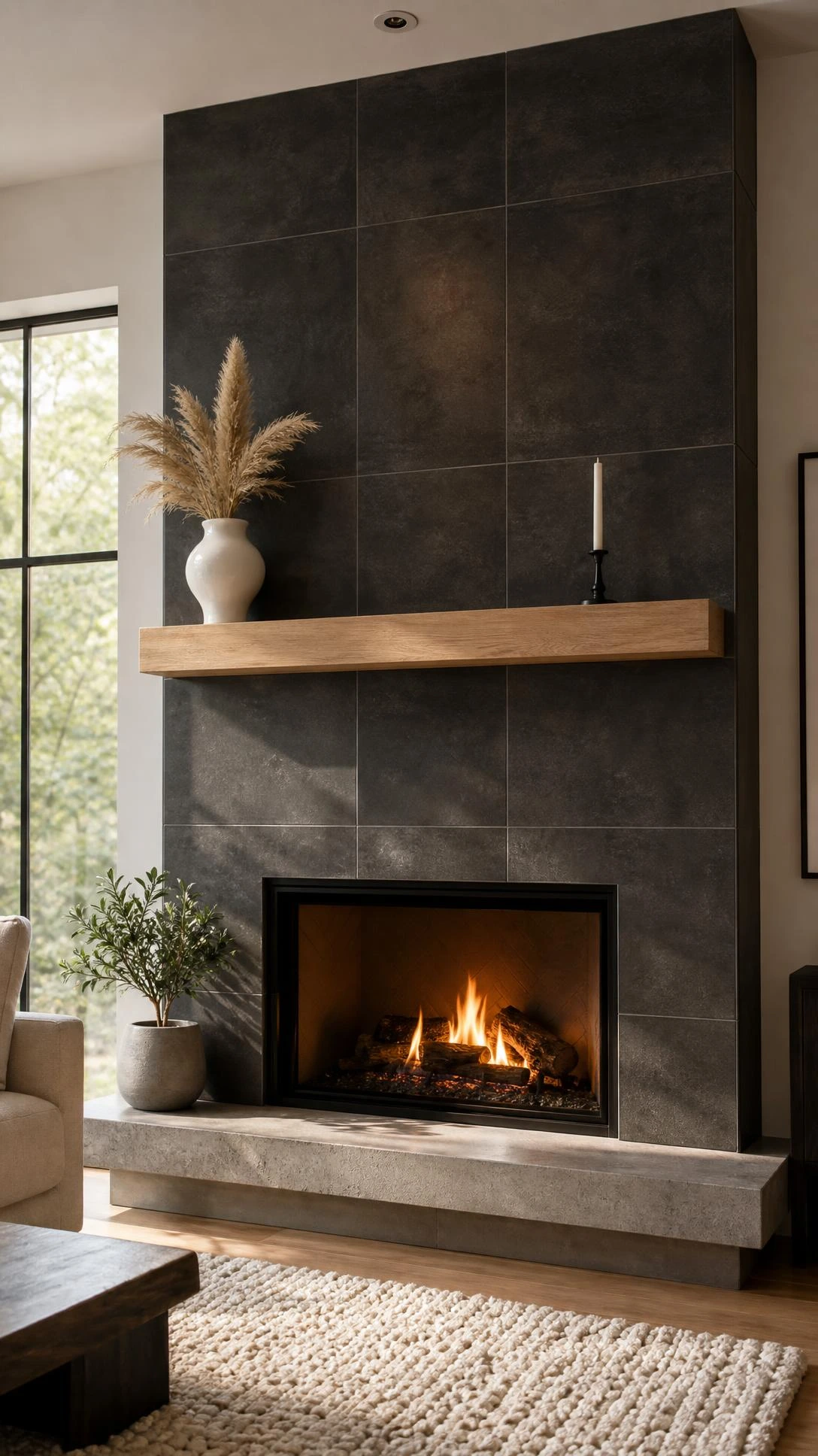 Floor-to-ceiling matte charcoal grey tile surround on a modern fireplace, large-format panels with clean grout lines in a sunlit contemporary living room