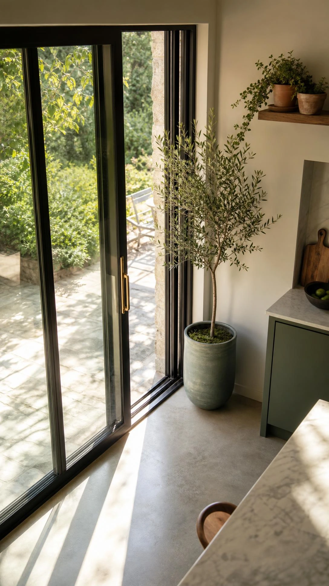 Floor-to-ceiling sliding glass door with slim matte black frame opens to a sunlit patio, flooding the kitchen entrance with warm diagonal daylight across polished concrete