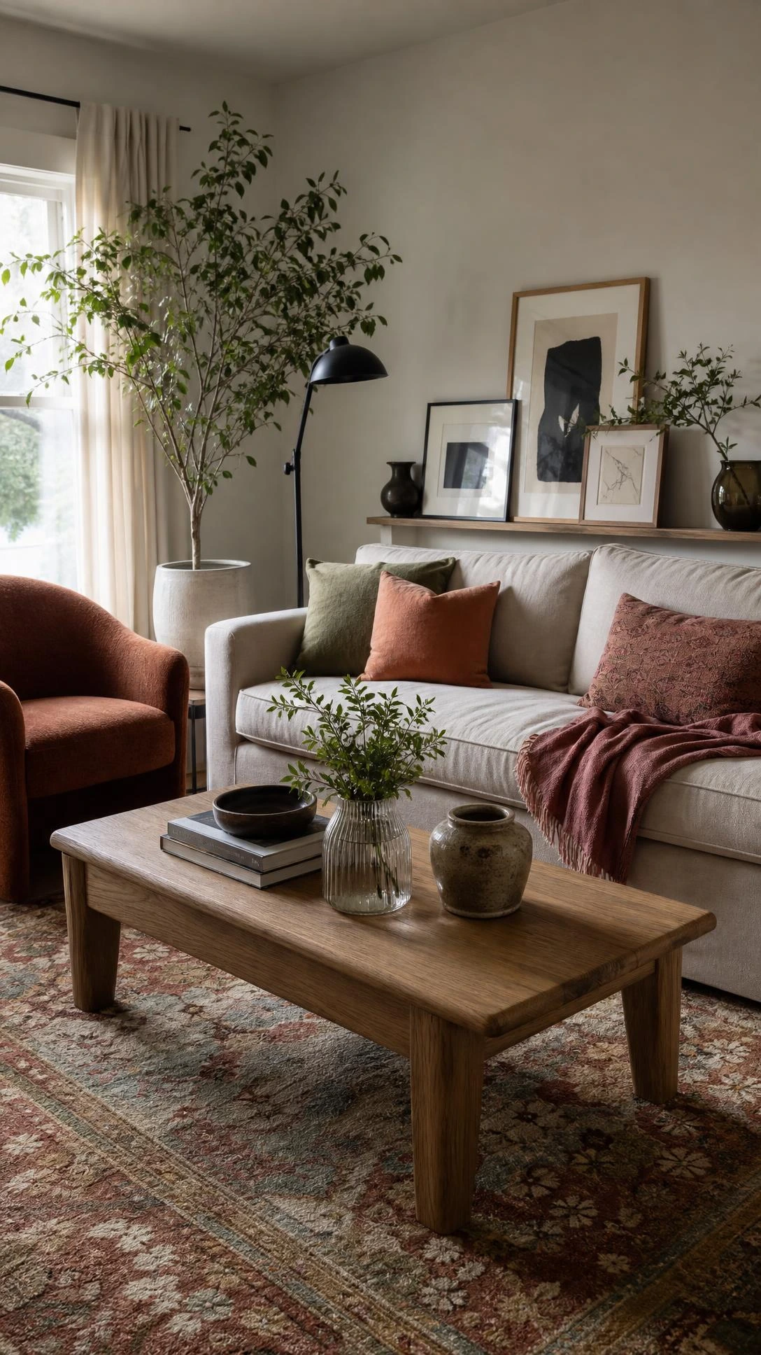 Slow collected living room with an oatmeal linen sofa and layered seating, showing home inspiration living room style that feels gathered over time.