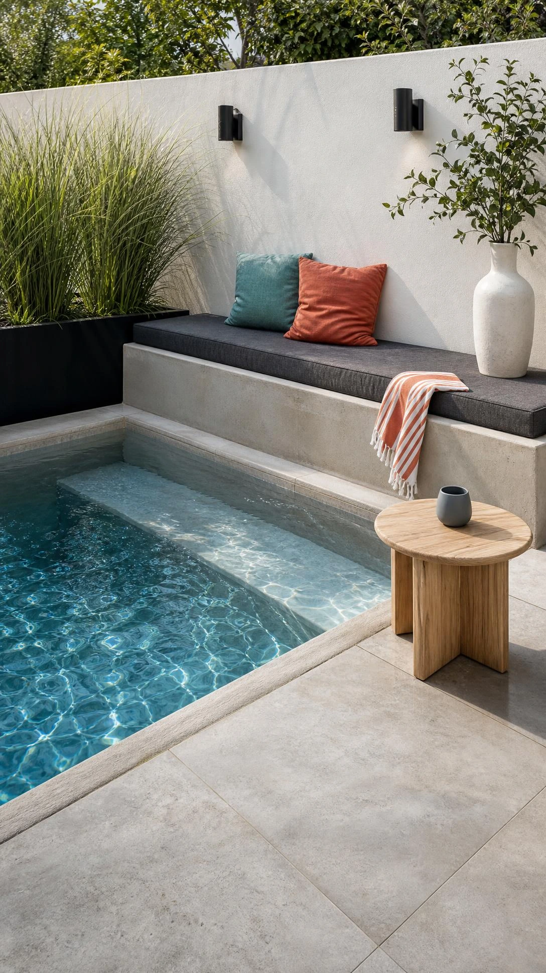 Small backyard patio designs with pool featuring a compact plunge pool and built-in pale gray concrete bench with charcoal cushion and muted pillows.