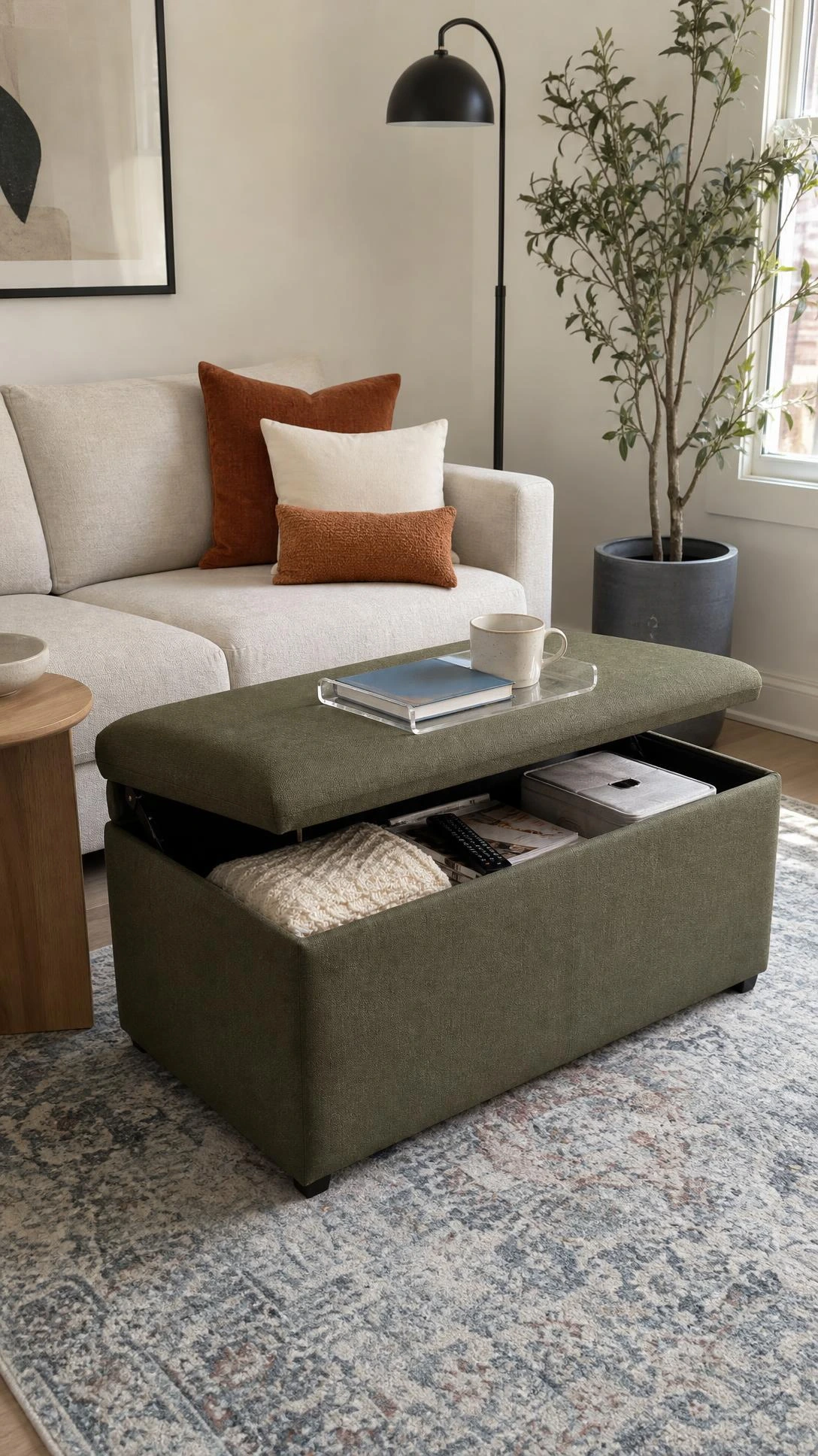 Muted olive green storage ottoman anchors a compact modern living room, showing smart home decor furniture for small renters.