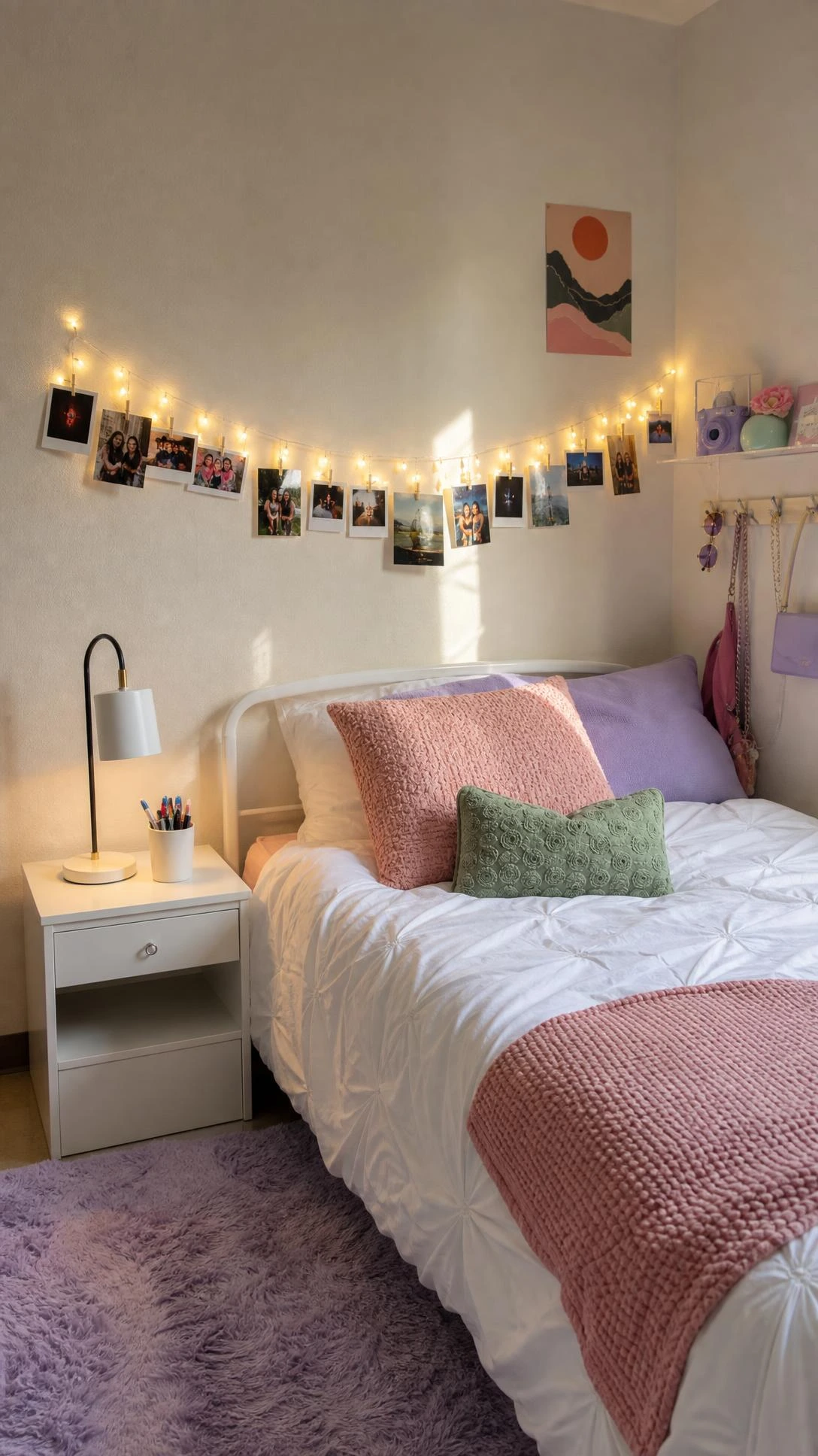 String lights with clear photo clips curve above a twin XL bed, showing candid snapshots and tiny prints for cozy dorm room wall decor.