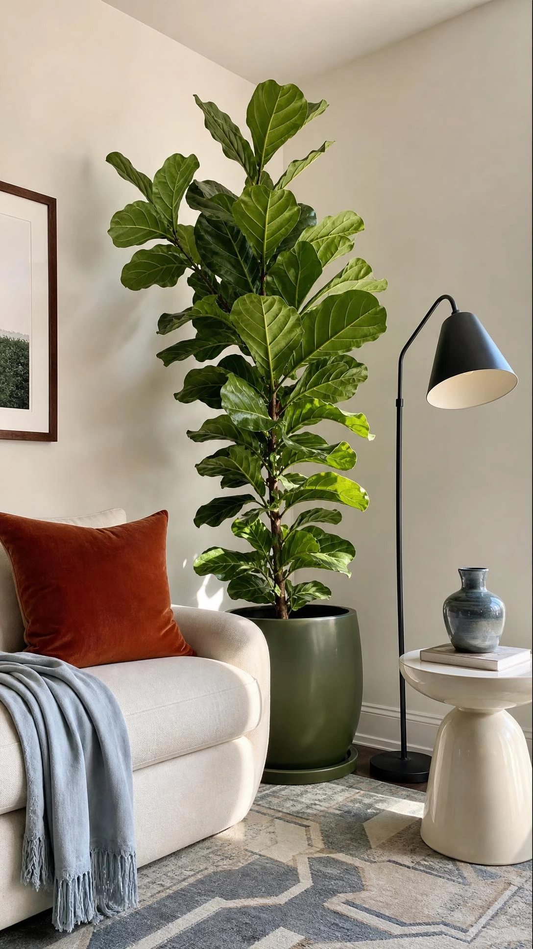 Home Inspiration Living Room idea with a 6-foot fiddle leaf fig in a deep-olive planter filling an empty corner beside a curved cream sofa.
