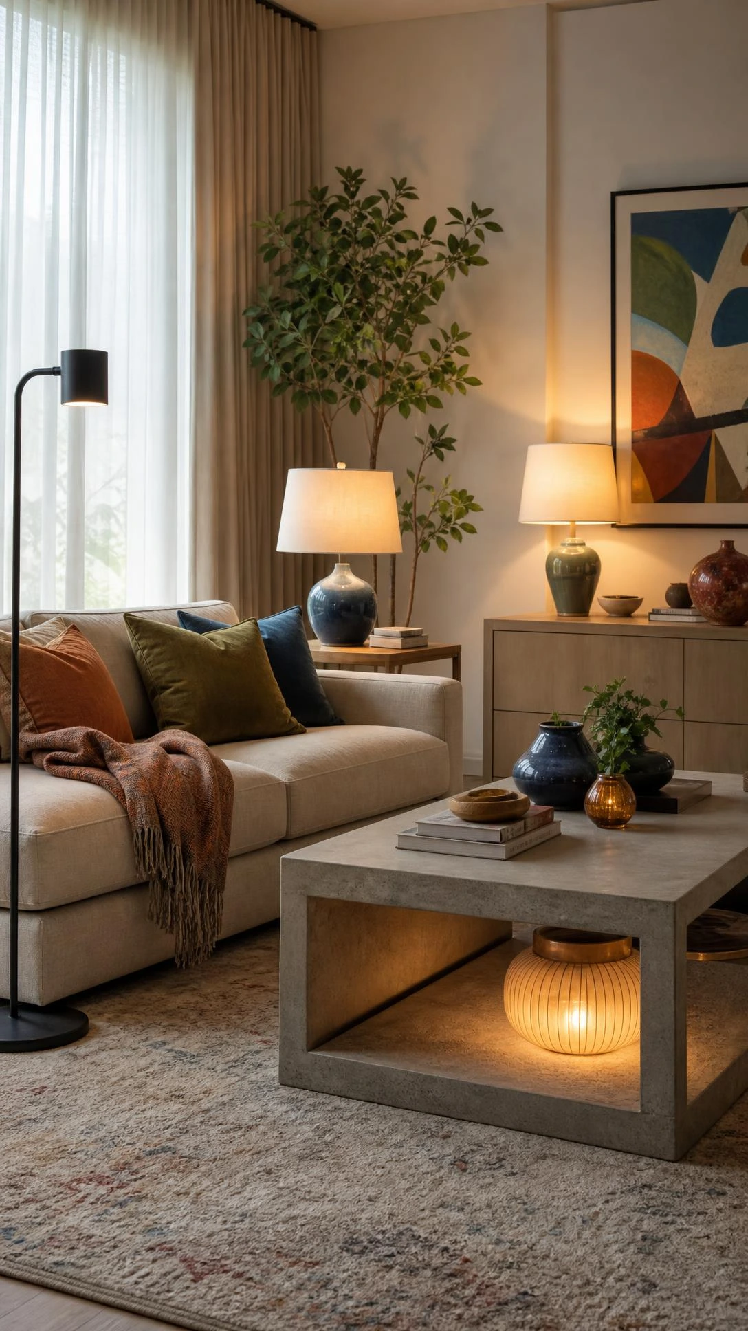 Modern living room showing three height lighting with a floor lamp, table lamps, and low accent glow to layer Home Inspiration Living Room ideas.
