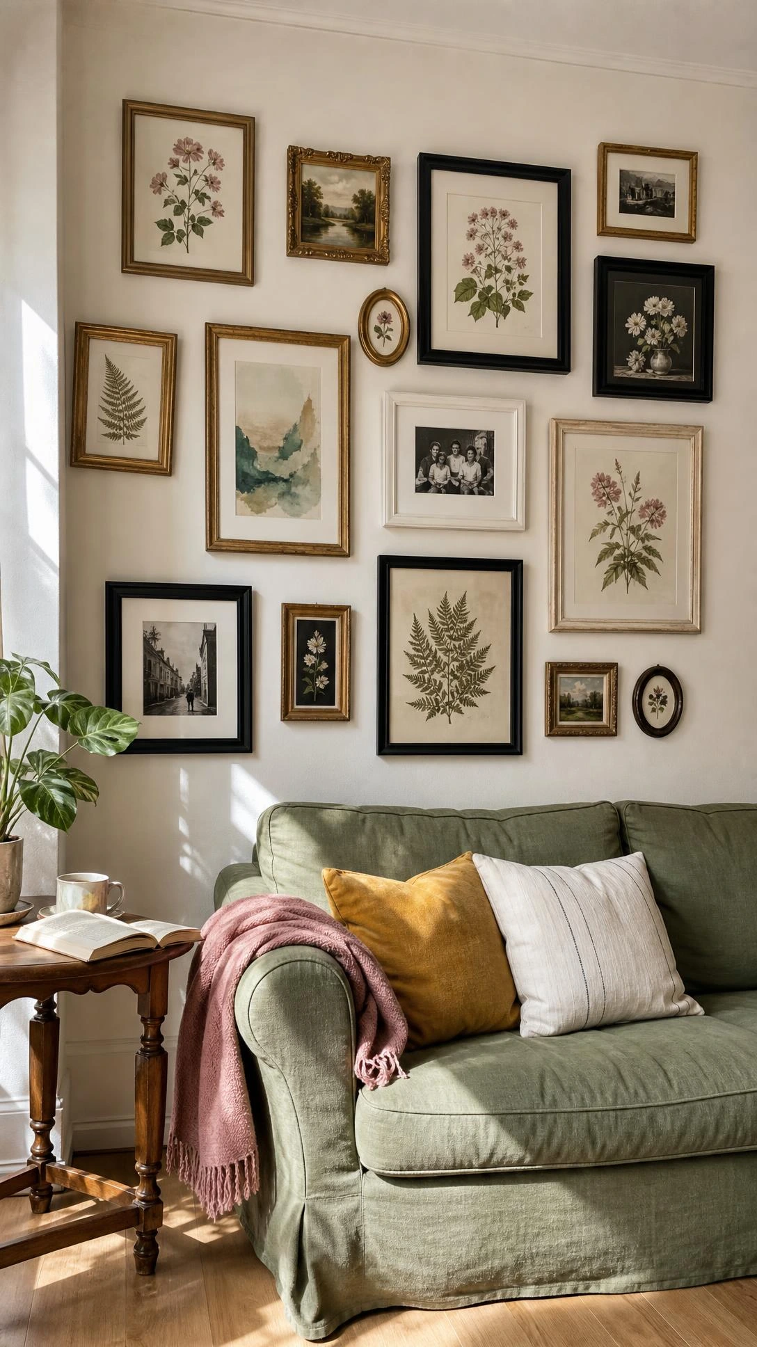 Eclectic thrifted frame gallery wall covering a full living room wall floor to ceiling, bathed in soft natural daylight with mismatched frames styled on a budget
