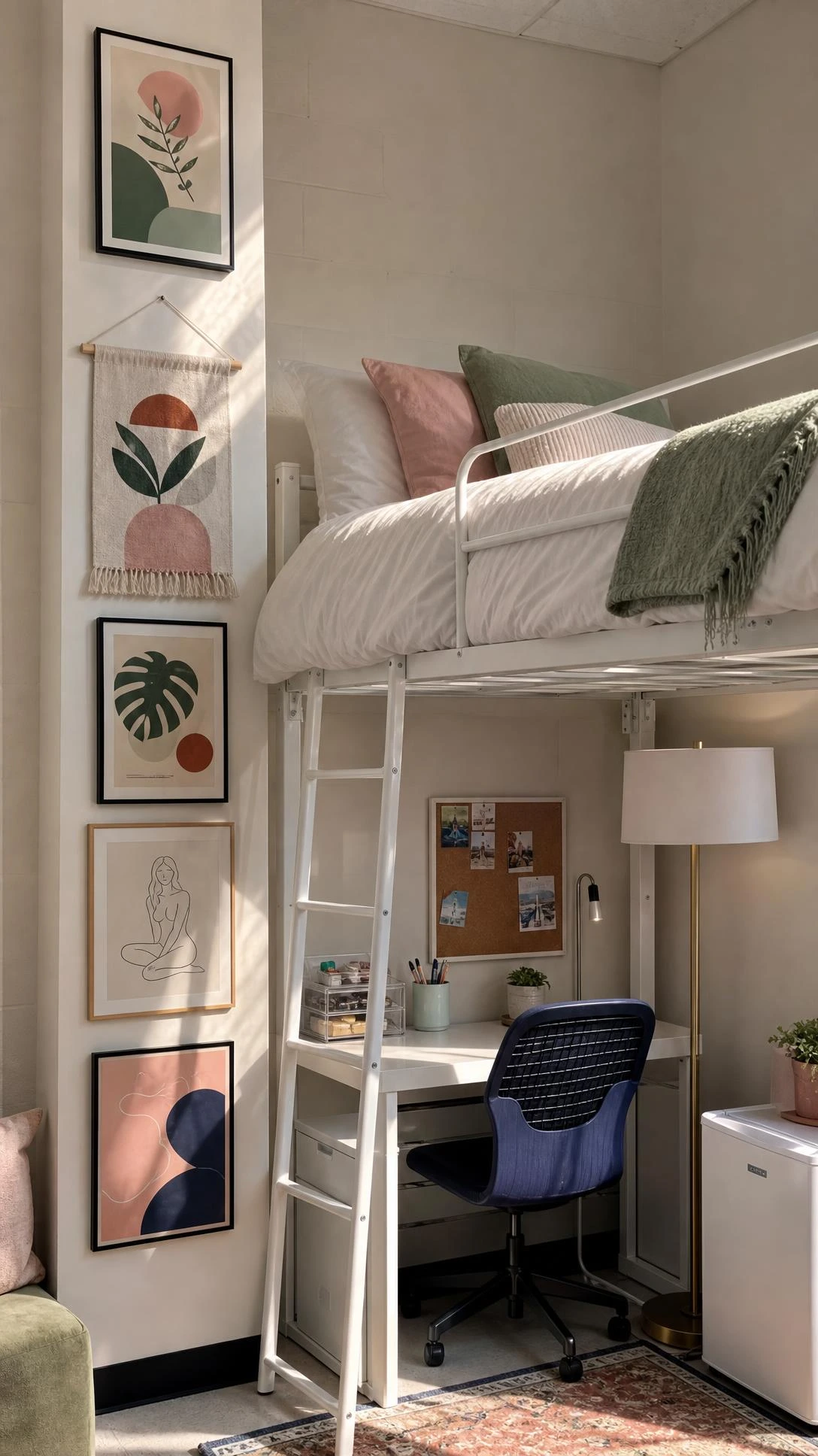 Vertical wall art beside a white lofted bed uses slim framed prints and a fabric hanging to add dorm room wall decor in tight space.