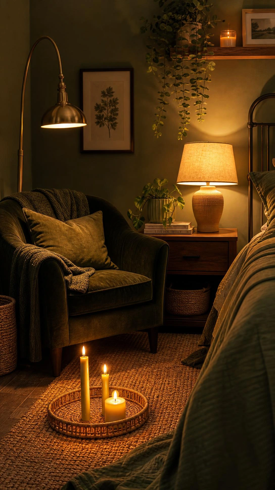 Brass arched floor lamp casting warm amber glow over forest green velvet armchair in a cozy green aesthetic bedroom corner