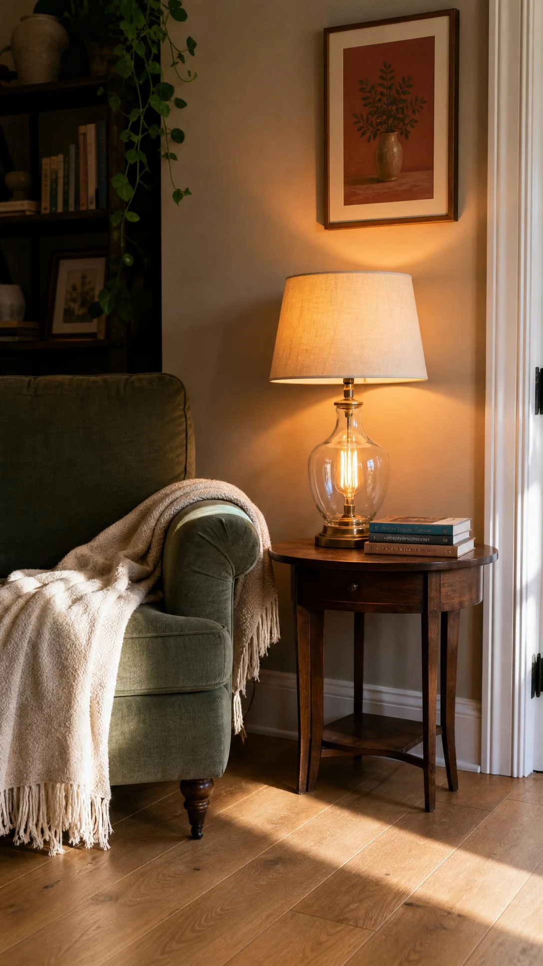 A table lamp with a warm white Edison-style bulb casting honeyed amber light across a cream linen shade in a cozy transitional living room corner