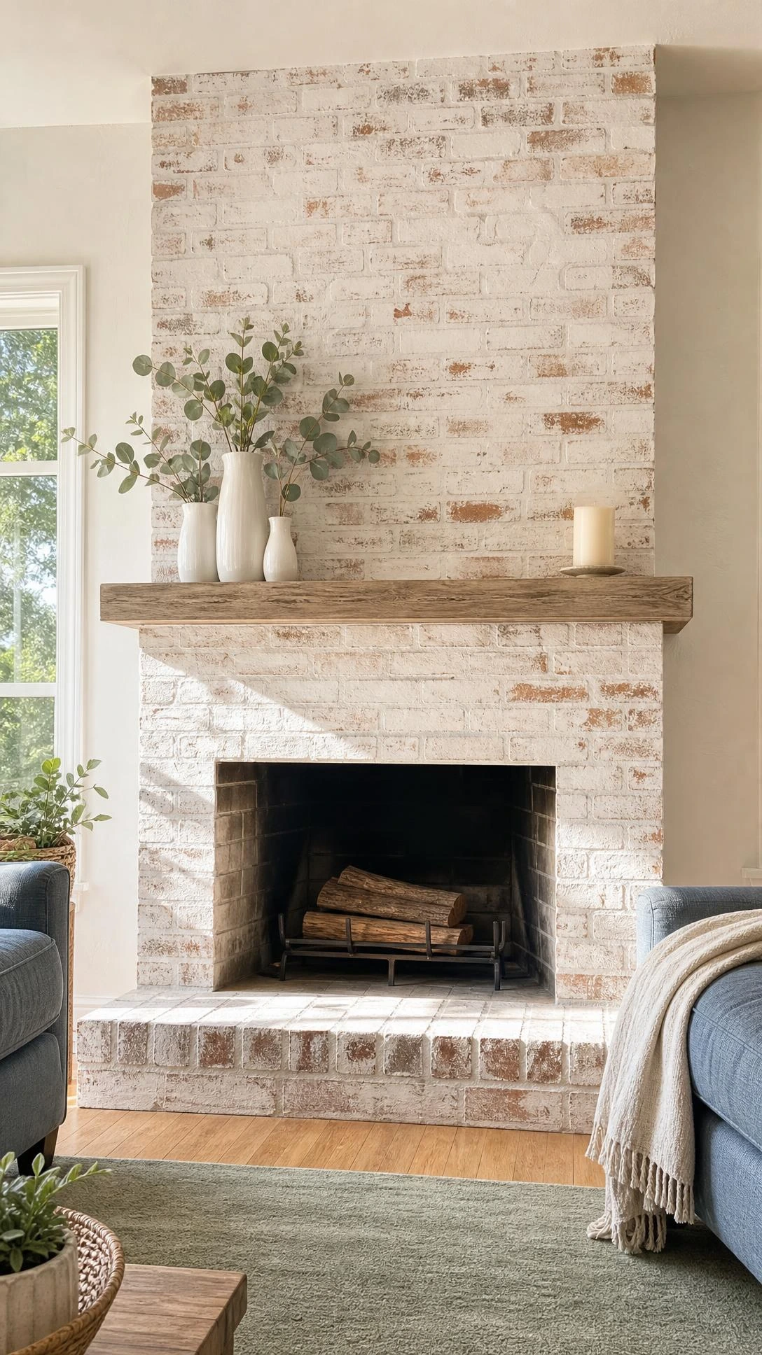 Whitewashed brick fireplace with warm terracotta texture showing through uneven white paint, centered in a bright living room from hearth to mantel