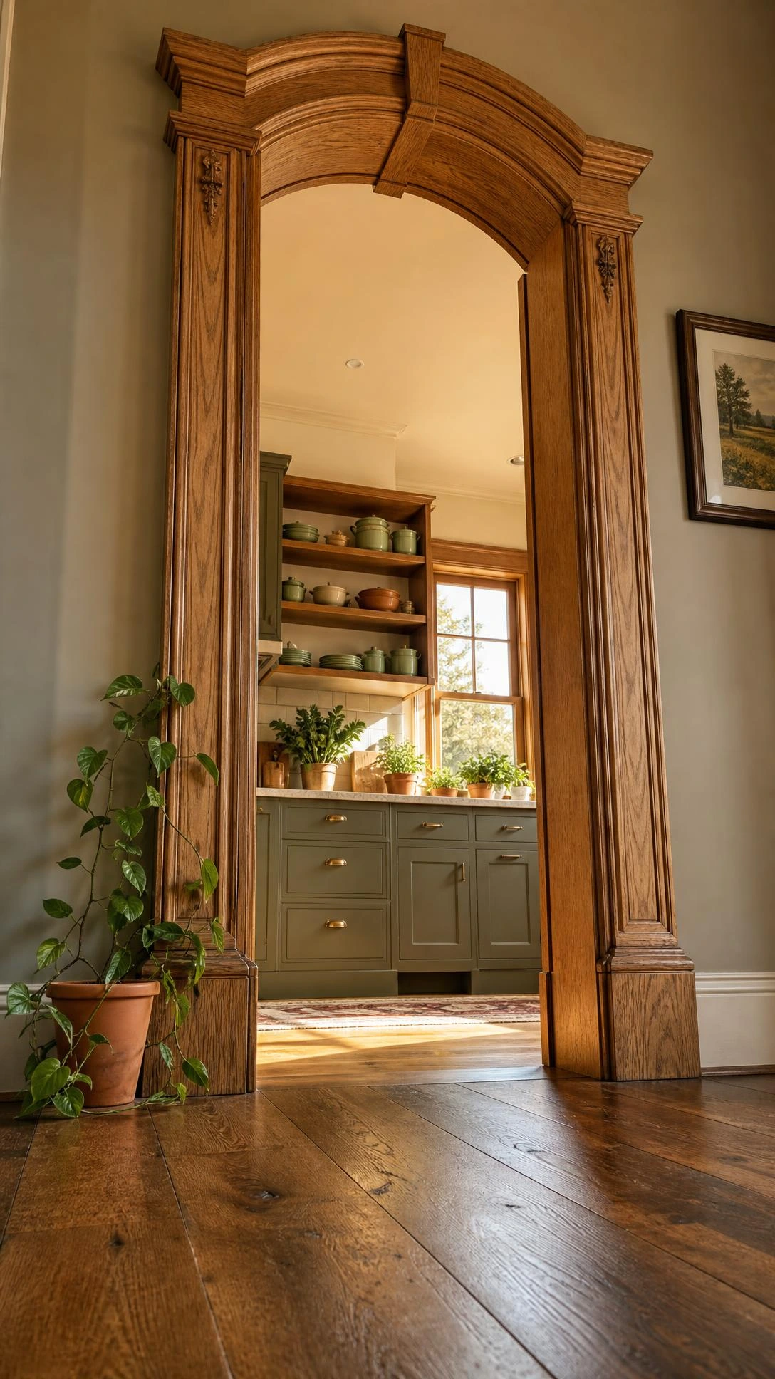 Low-angle view of a richly grained wooden entrance frame surrounding a kitchen doorway, its full height rising dramatically in warm natural daylight