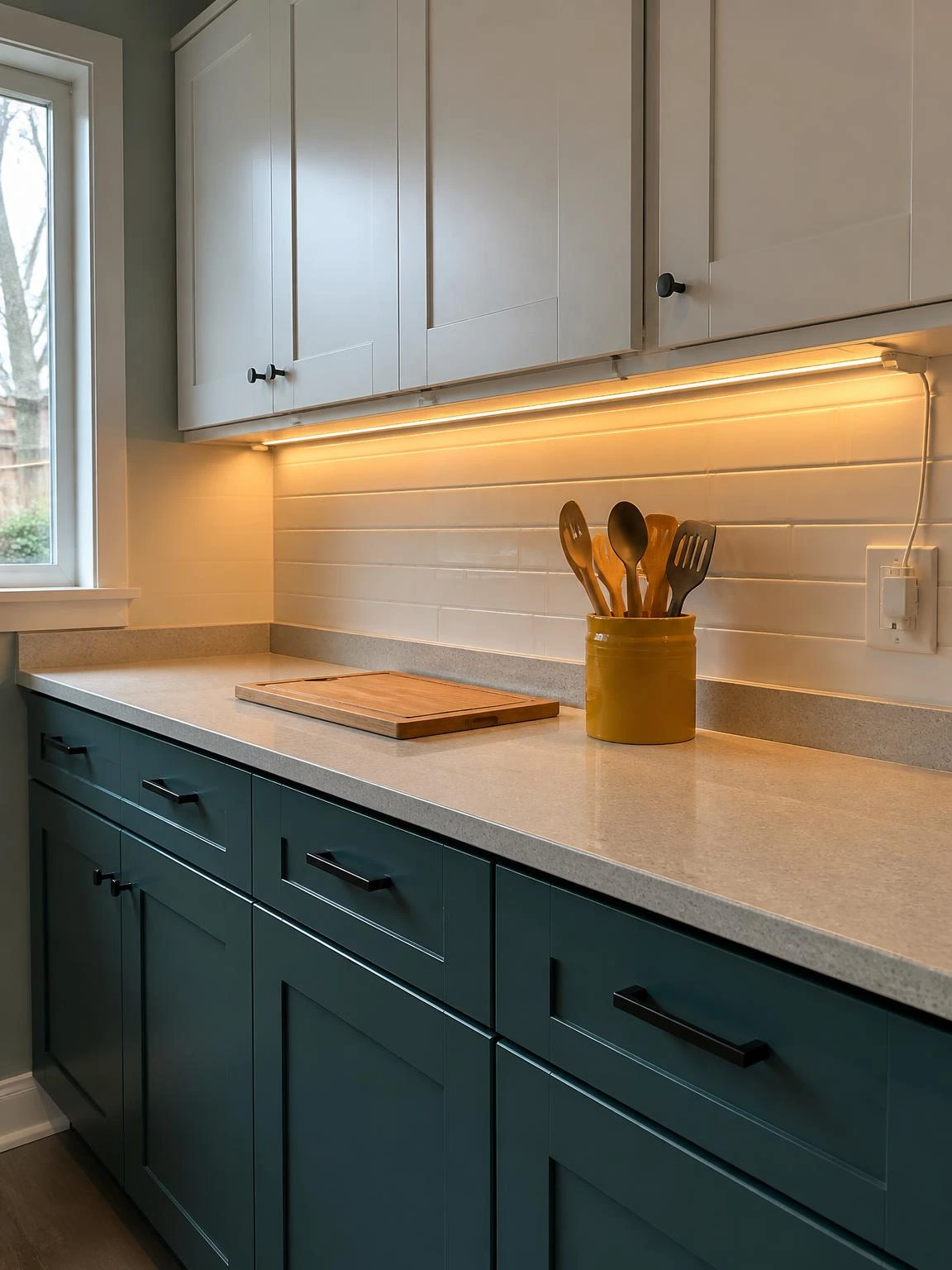 Warm-white LED strip lights glowing beneath upper cabinets, washing even light across a grey quartz countertop in a teal kitchen DIY upgrade
