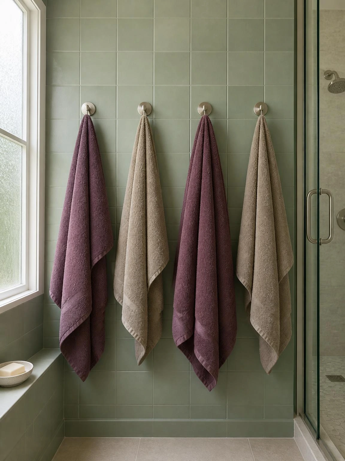Four brushed-nickel adhesive hooks mounted in a row on soft green bathroom tile, holding plum and stone-toned towels as budget-friendly towel storage