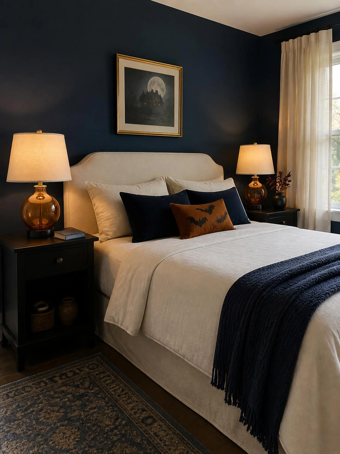 Amber glass lamps glow beside an ivory bed against navy walls, showing attainable Halloween aesthetic bedroom decor.