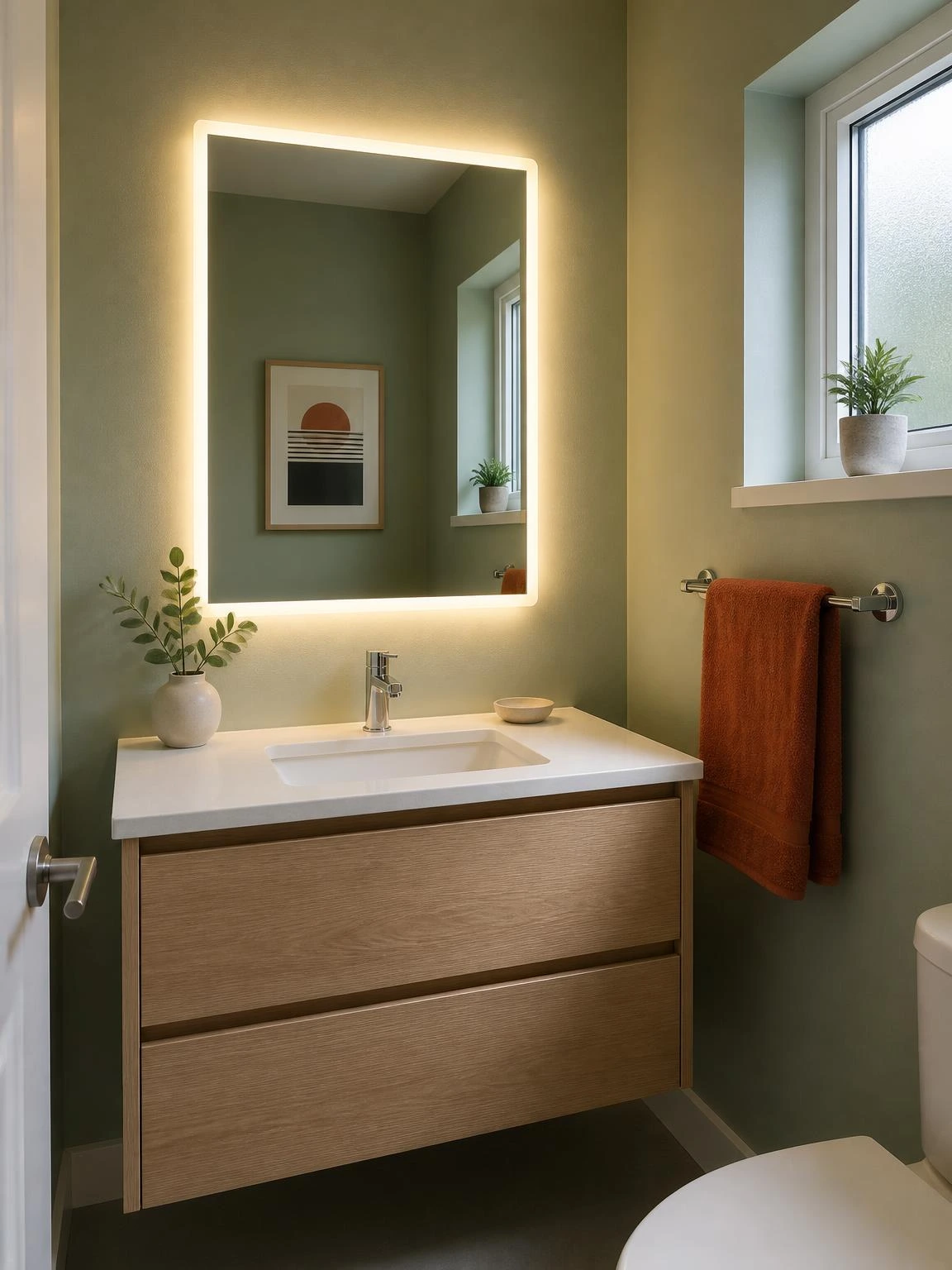 LED backlit rectangular mirror casting a warm 3000K halo on sage-green walls, serving as the sole bathroom lighting source above an oak floating vanity