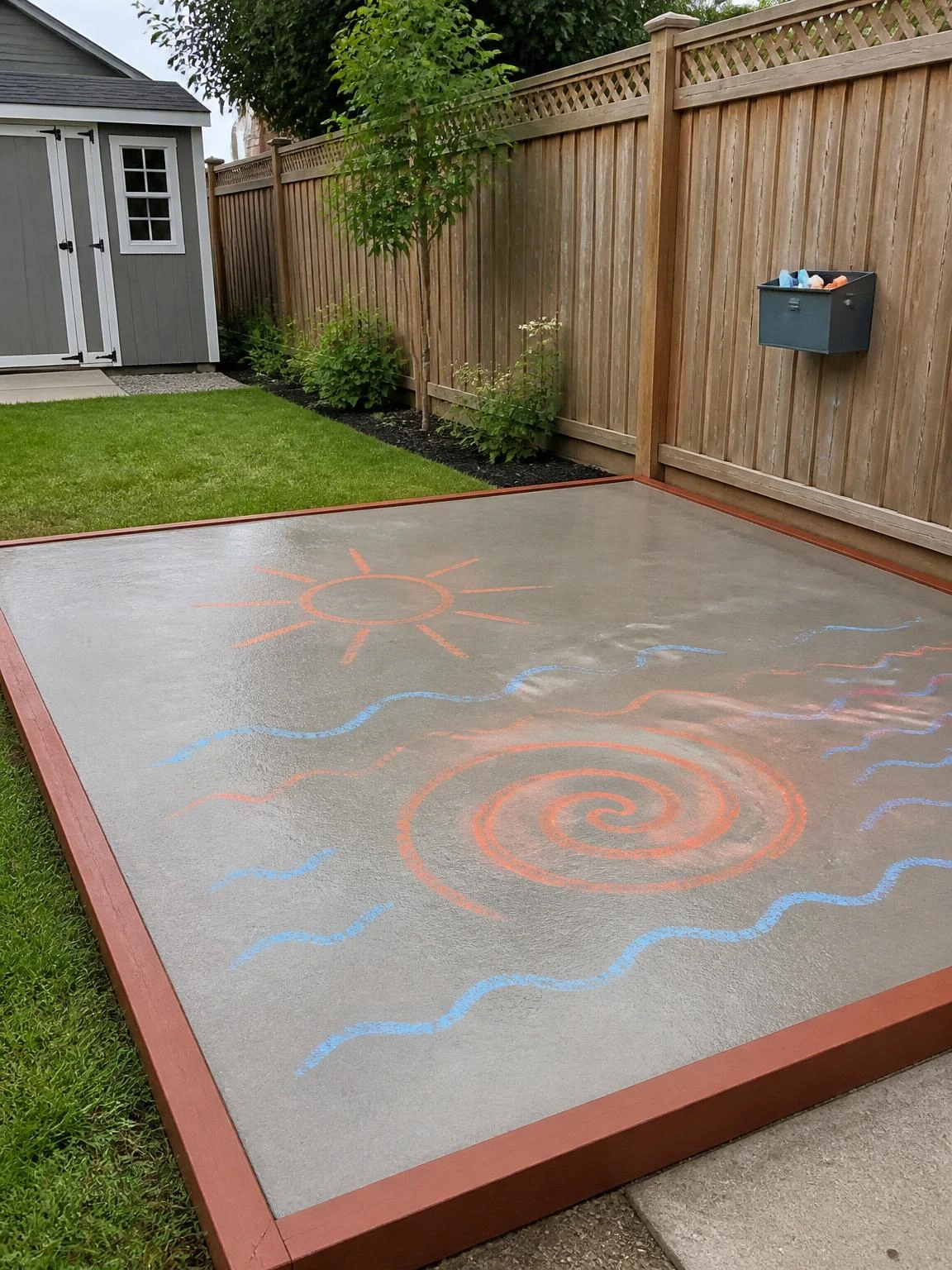 Sealed concrete chalk zone with rust-red and blue sidewalk drawings, timber border edging, and a wall-mounted chalk bin on cedar fence