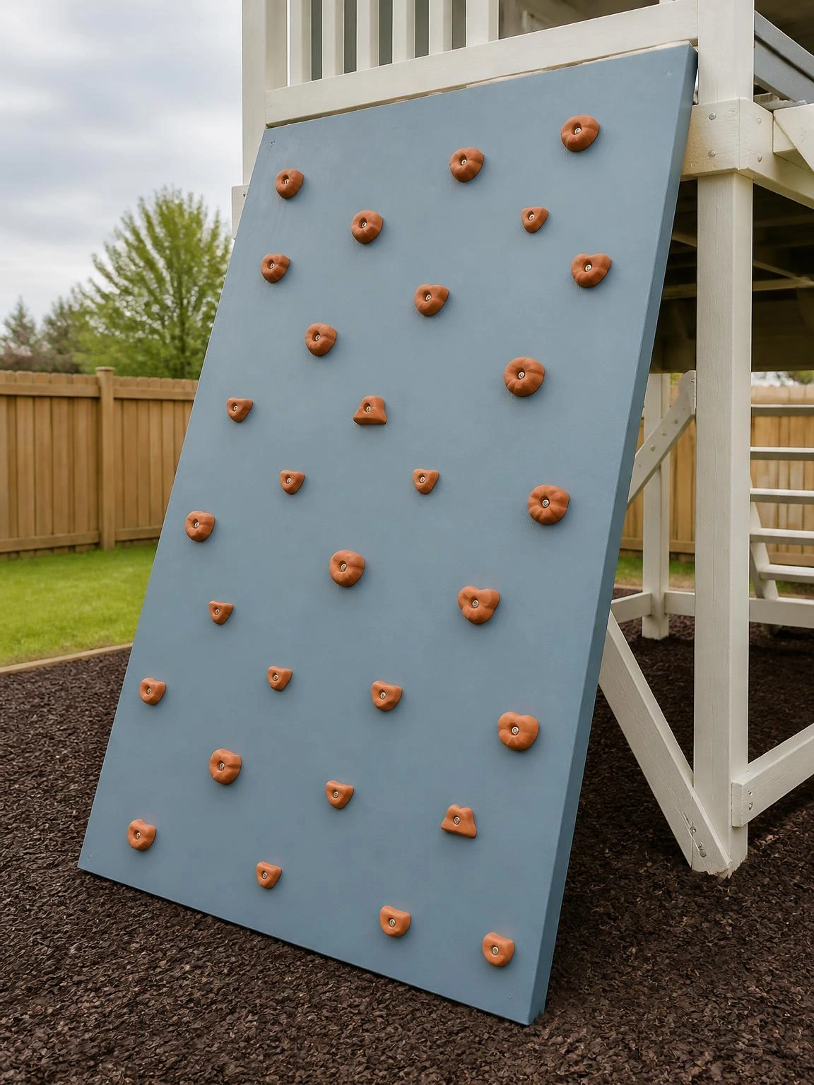 Dusty blue plywood climbing wall panel with terracotta resin holds bolted to a timber play structure, set over rubber mulch in a backyard