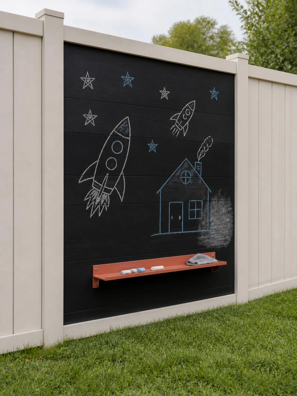 Backyard outdoor chalkboard wall made from a fence panel painted matte black, covered in chalk rockets and stars at kid height