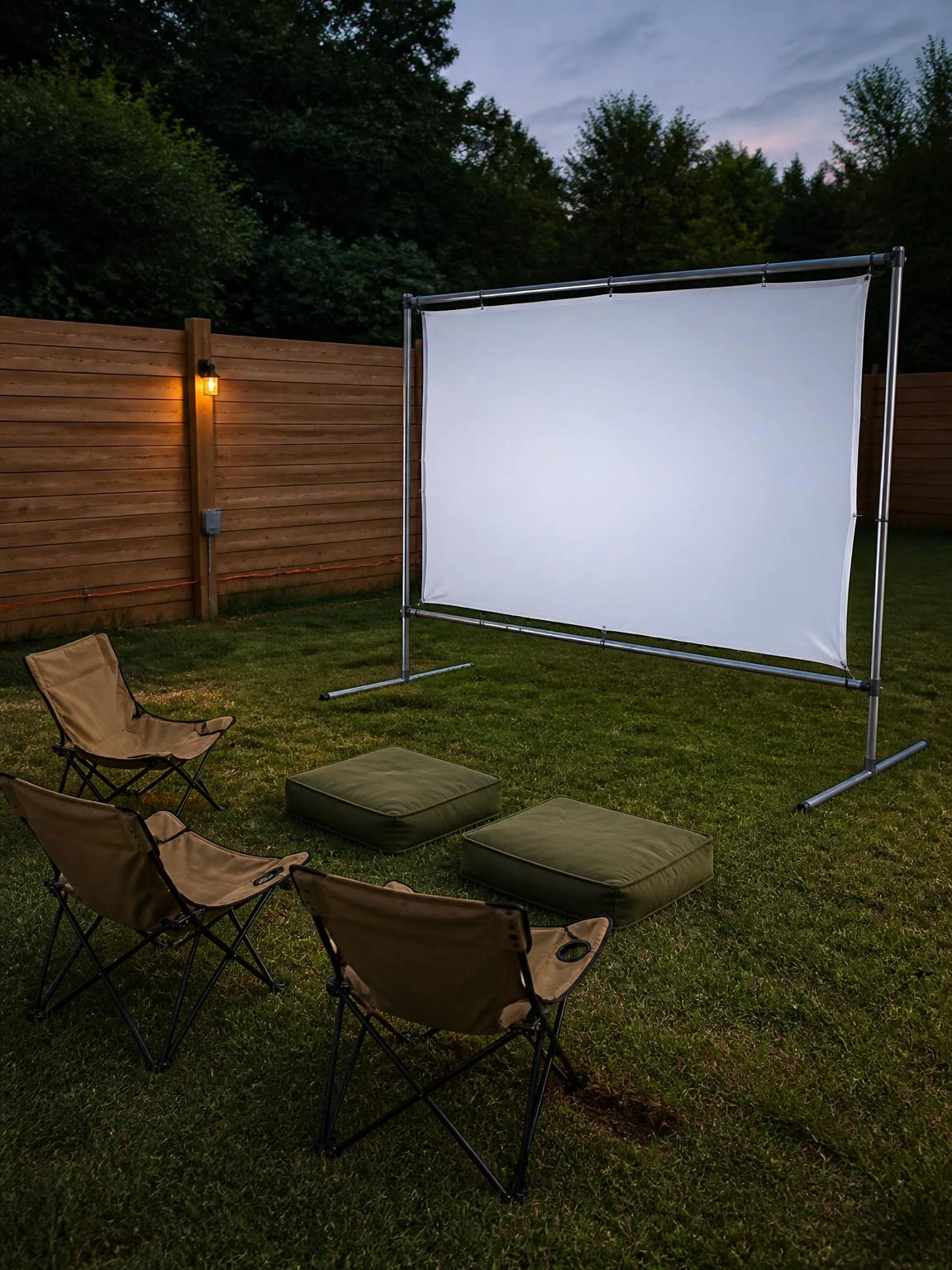 Portable white projection screen on a backyard lawn at dusk, with khaki camp chairs and olive cushions arranged for an outdoor movie night